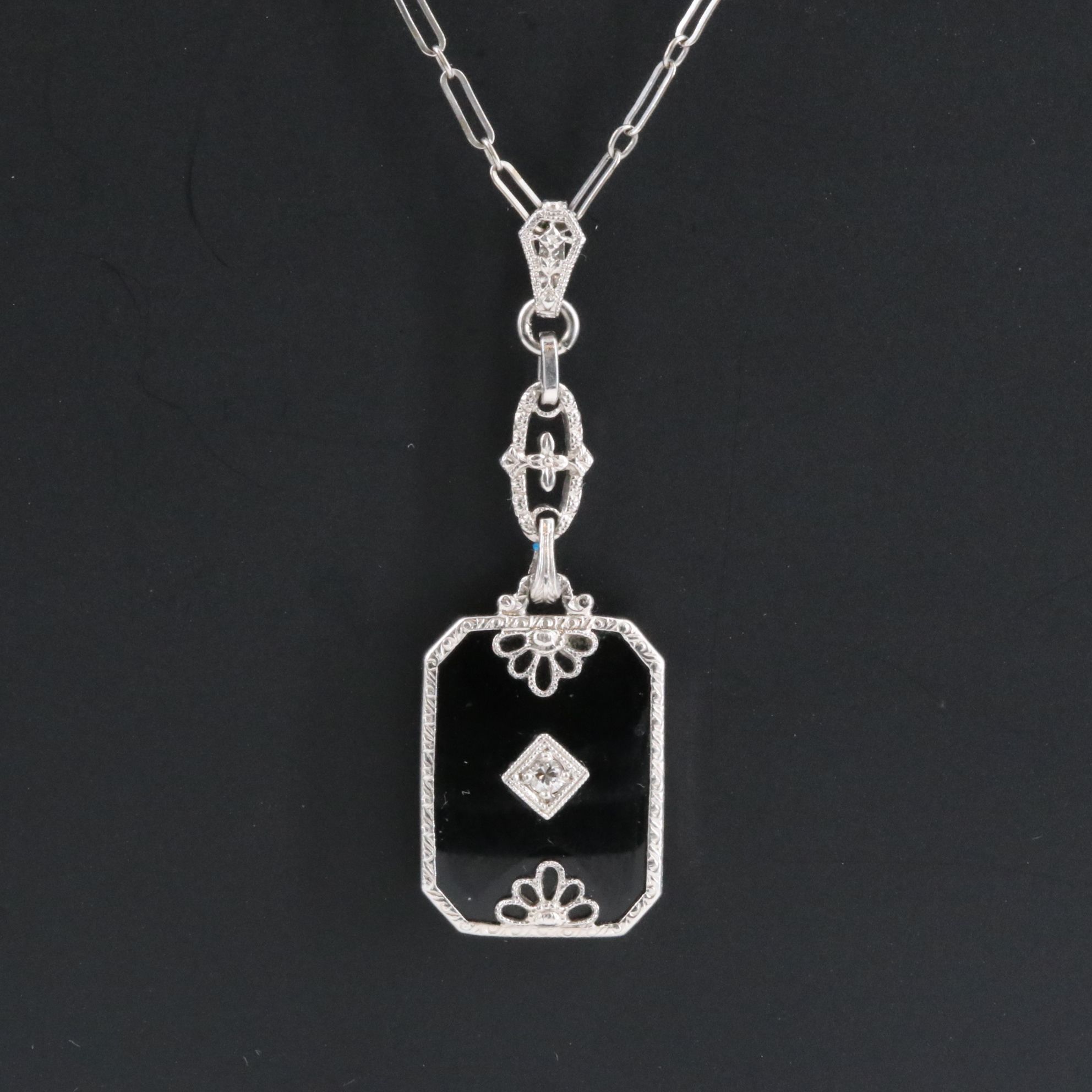 Art Deco 14K Black Onyx and Diamond Pendant Necklace
