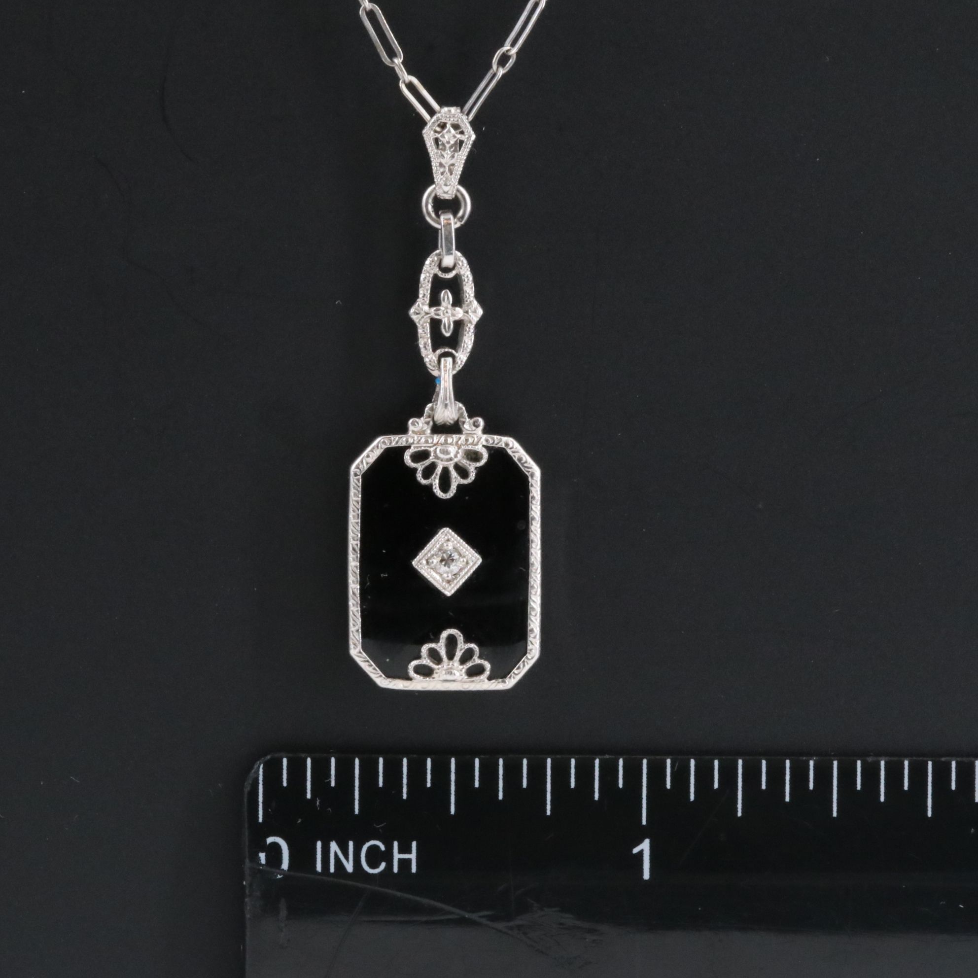 Art Deco 14K Black Onyx and Diamond Pendant Necklace