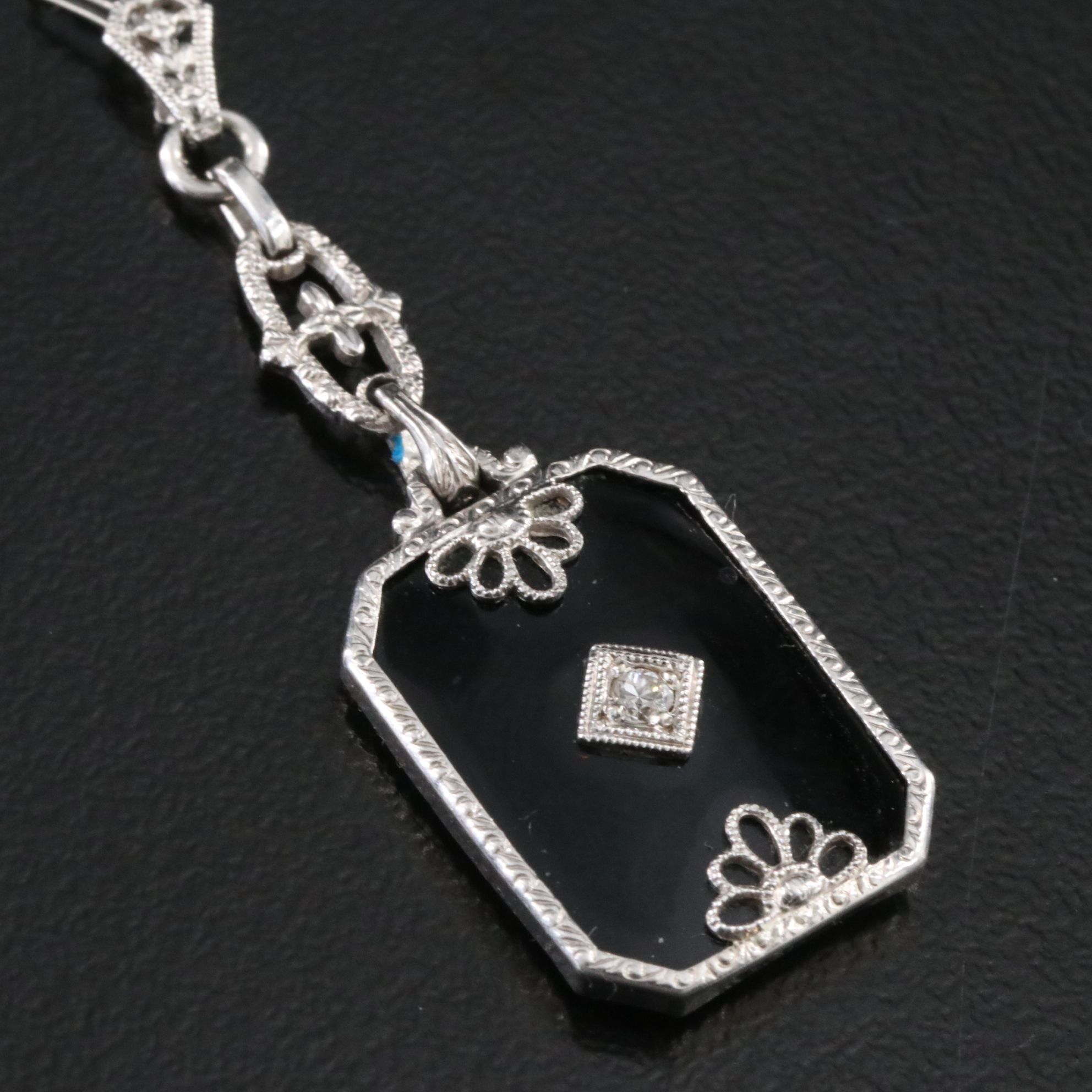 Art Deco 14K Black Onyx and Diamond Pendant Necklace