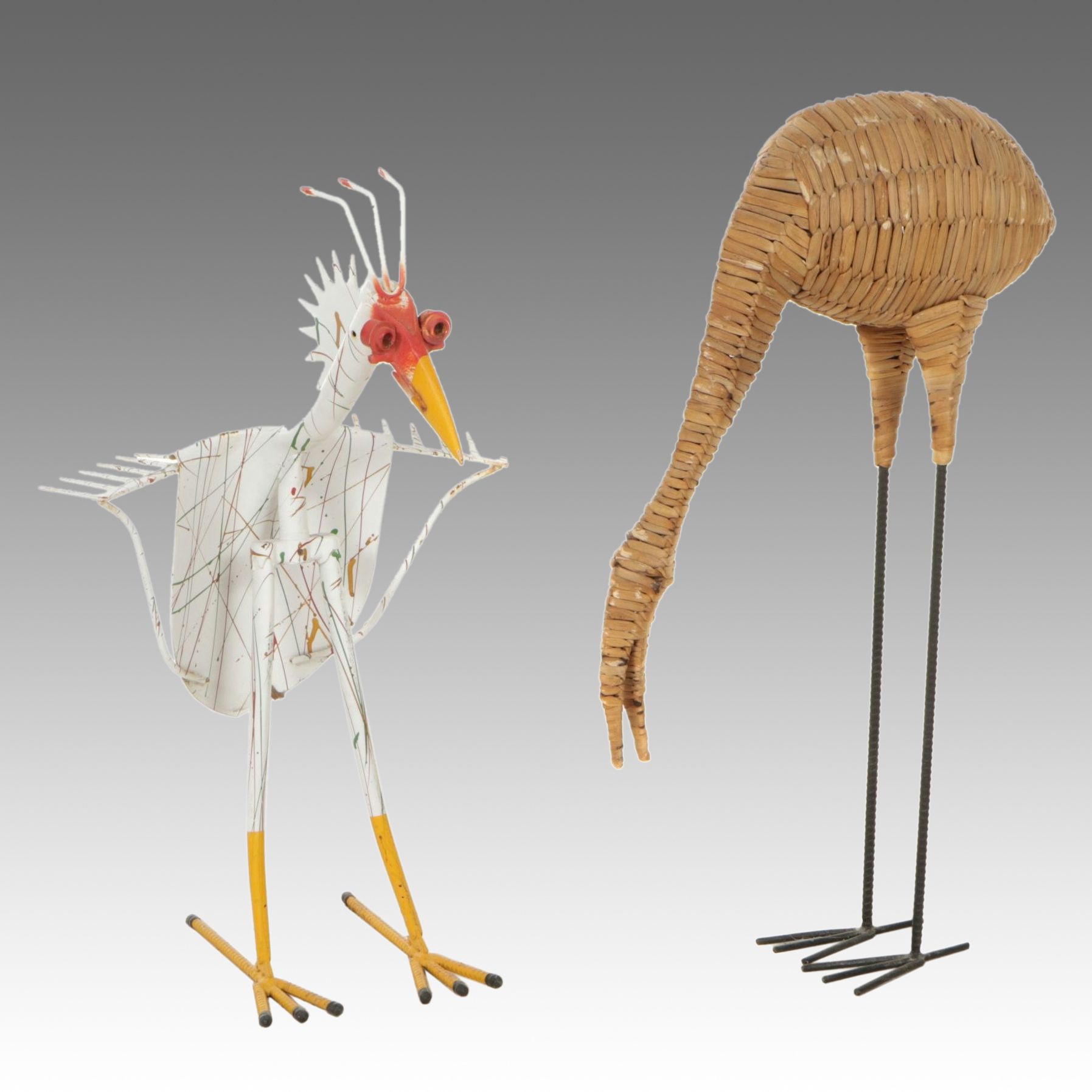 Painted Metal Bird Garden Figure from Recovered Tool Parts with Woven Grass Bird