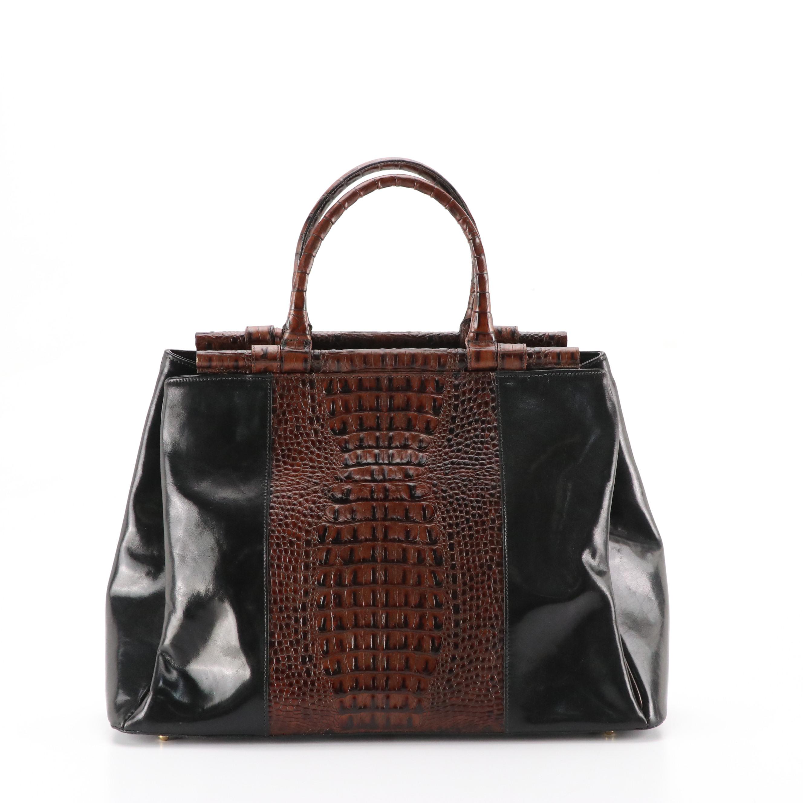 Brahmin Two-Way Tote in Brown Croc Embossed and Black Tuscan Leather