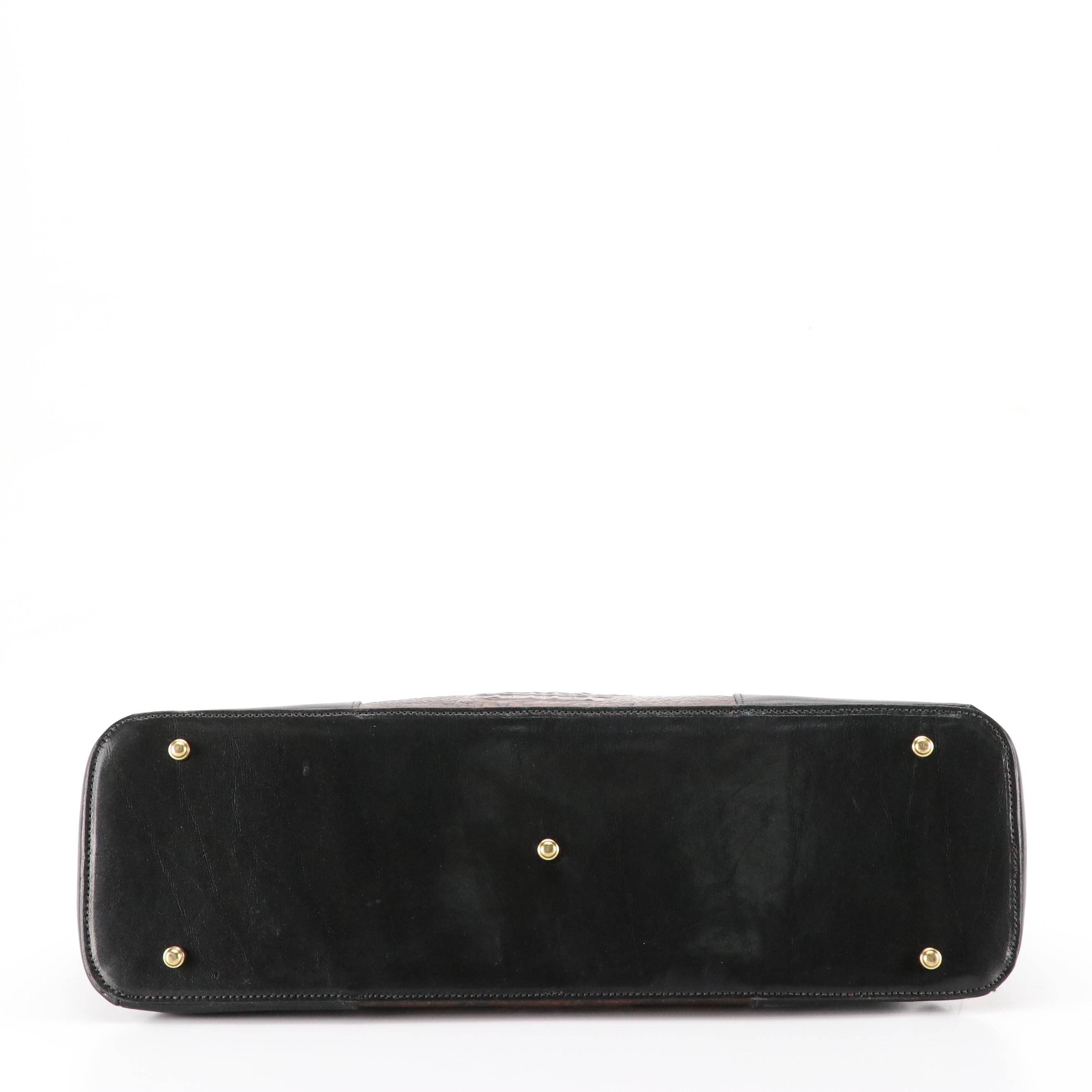 Brahmin Two-Way Tote in Brown Croc Embossed and Black Tuscan Leather