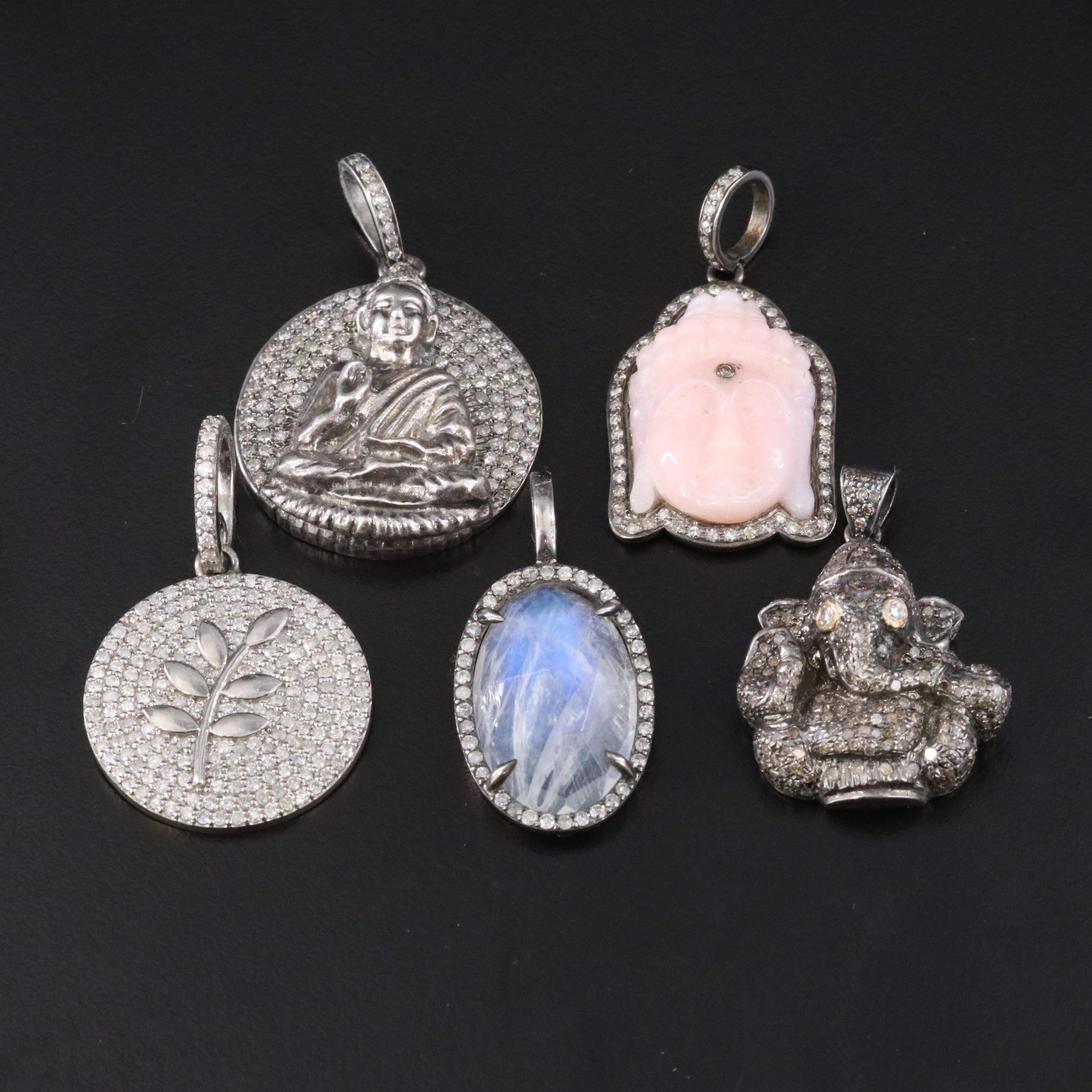 Sterling Diamond, Pink Opal and Moonstone Pendants Featuring Sheryl Lowe