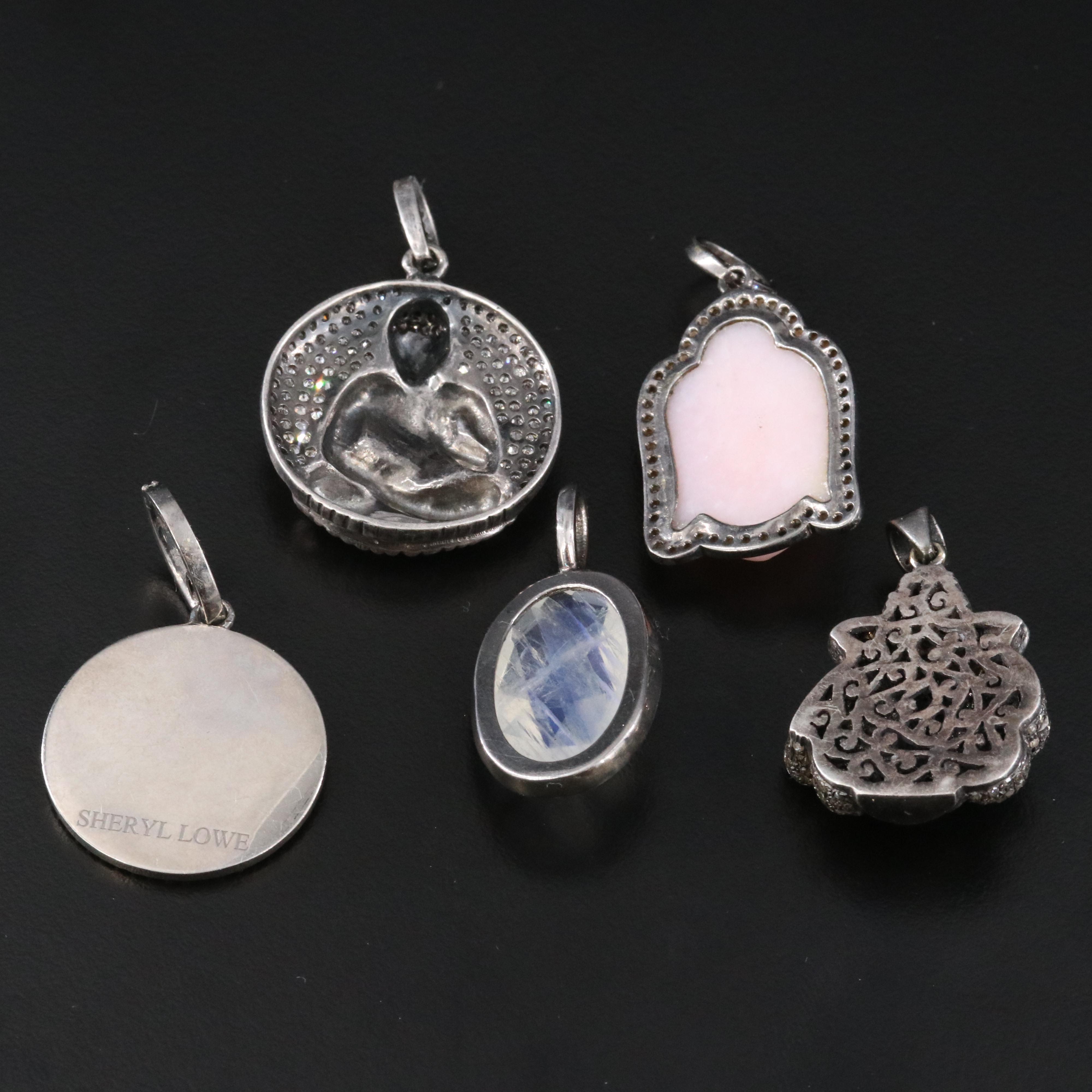 Sterling Diamond, Pink Opal and Moonstone Pendants Featuring Sheryl Lowe