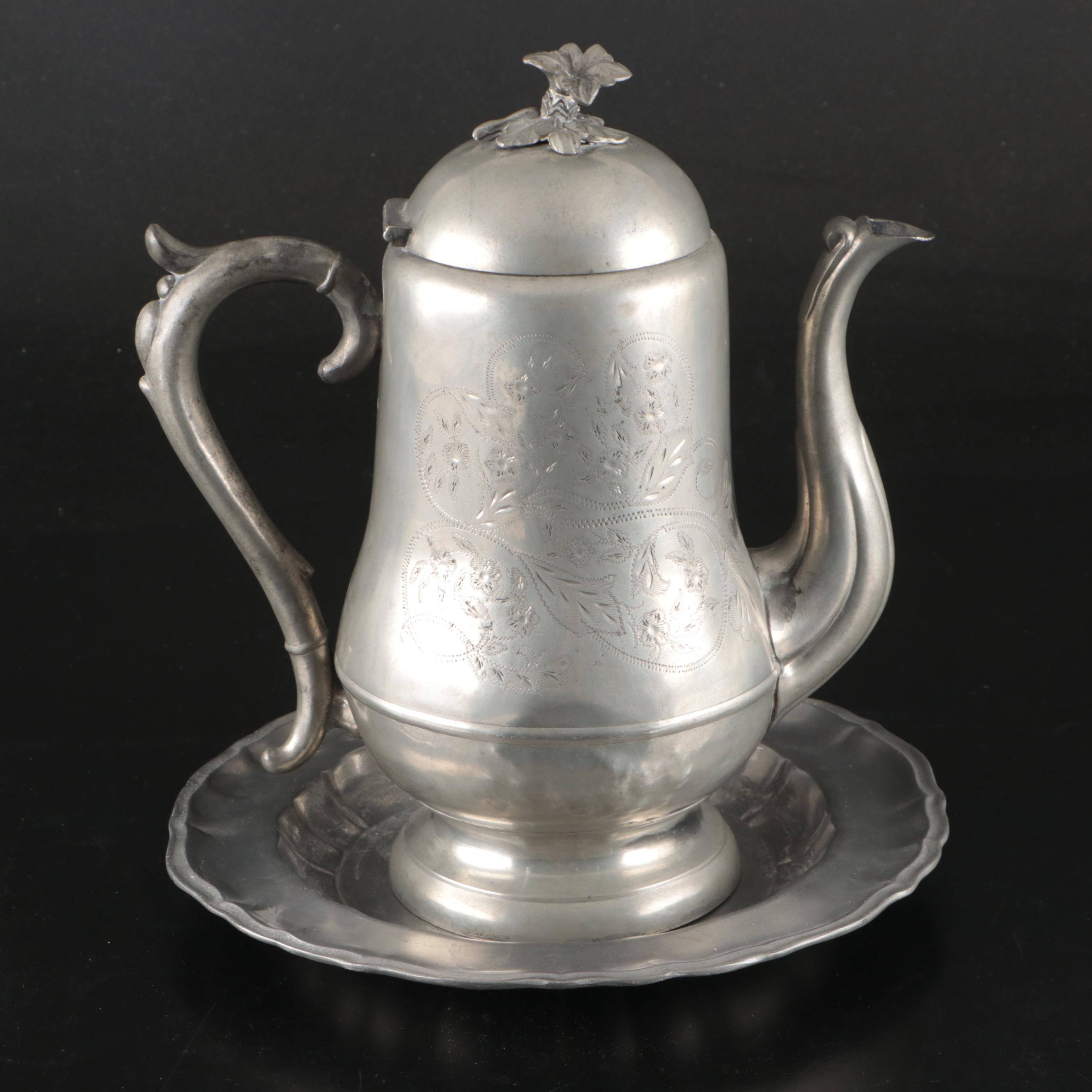 Victorian Style Pewter Teapot with Foliate Engravings and Scalloped Rim Plate