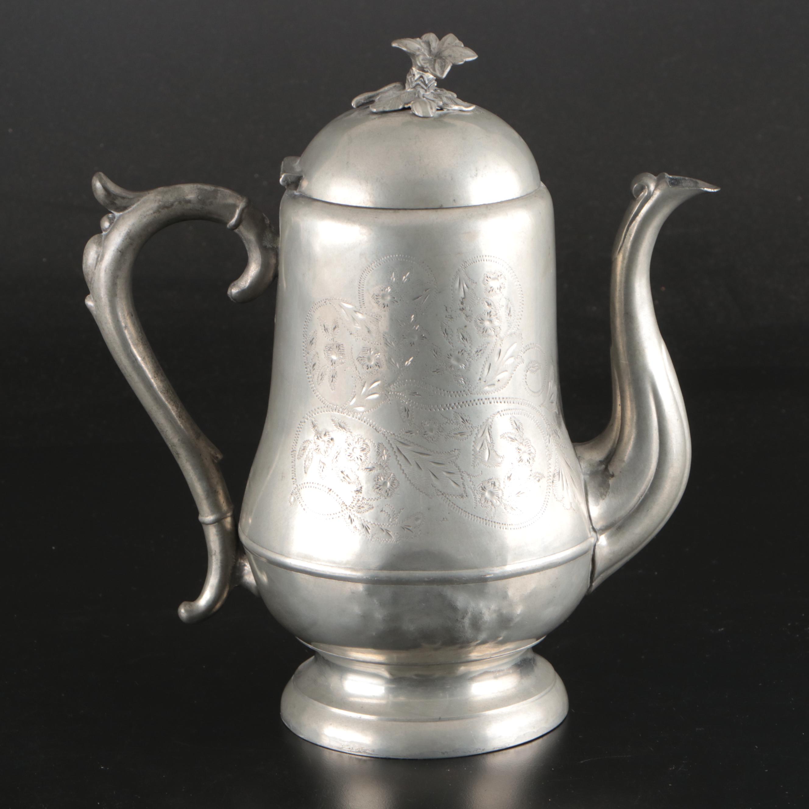 Victorian Style Pewter Teapot with Foliate Engravings and Scalloped Rim Plate