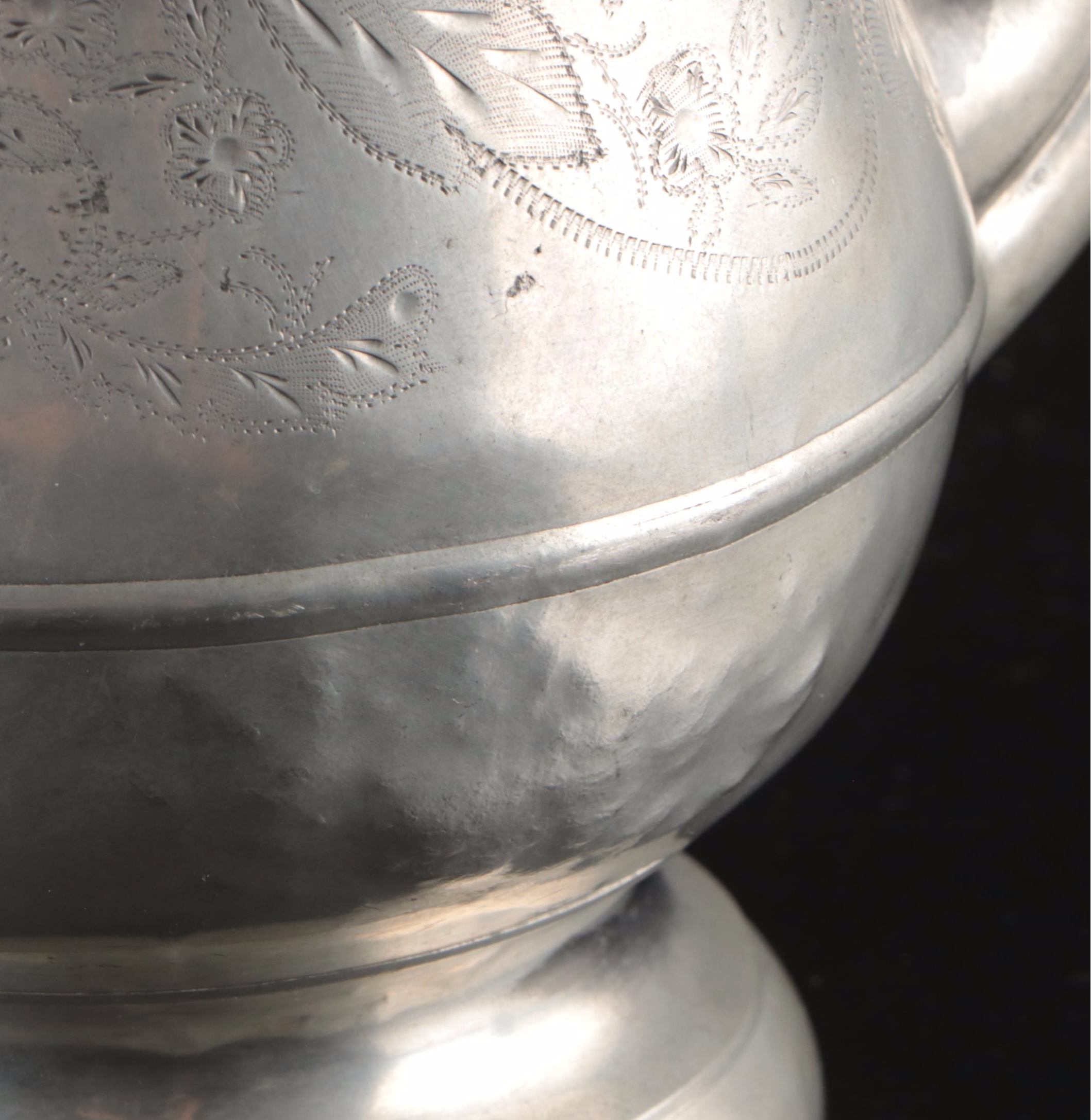 Victorian Style Pewter Teapot with Foliate Engravings and Scalloped Rim Plate