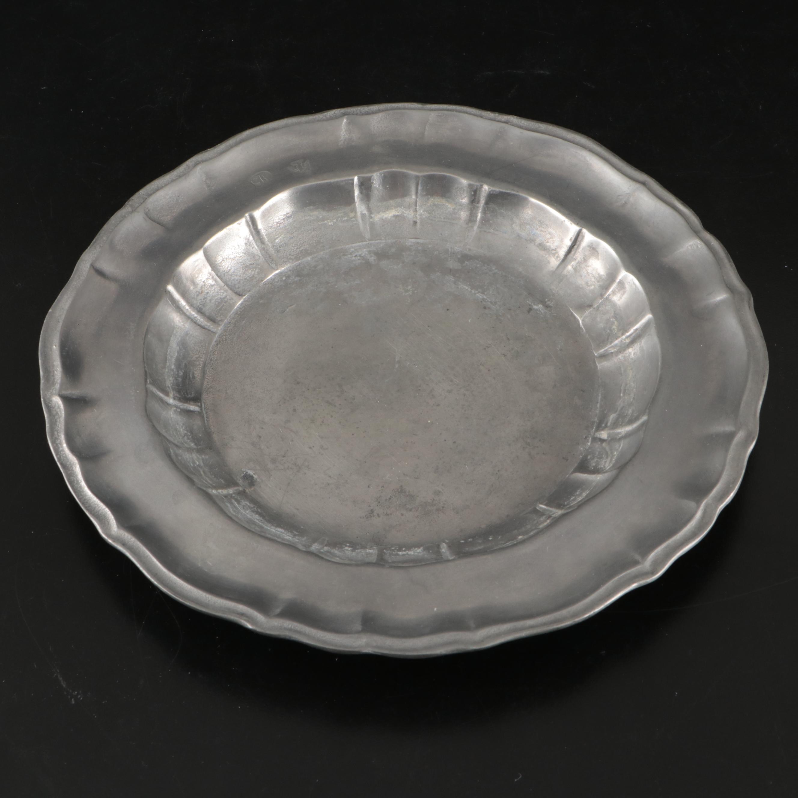 Victorian Style Pewter Teapot with Foliate Engravings and Scalloped Rim Plate