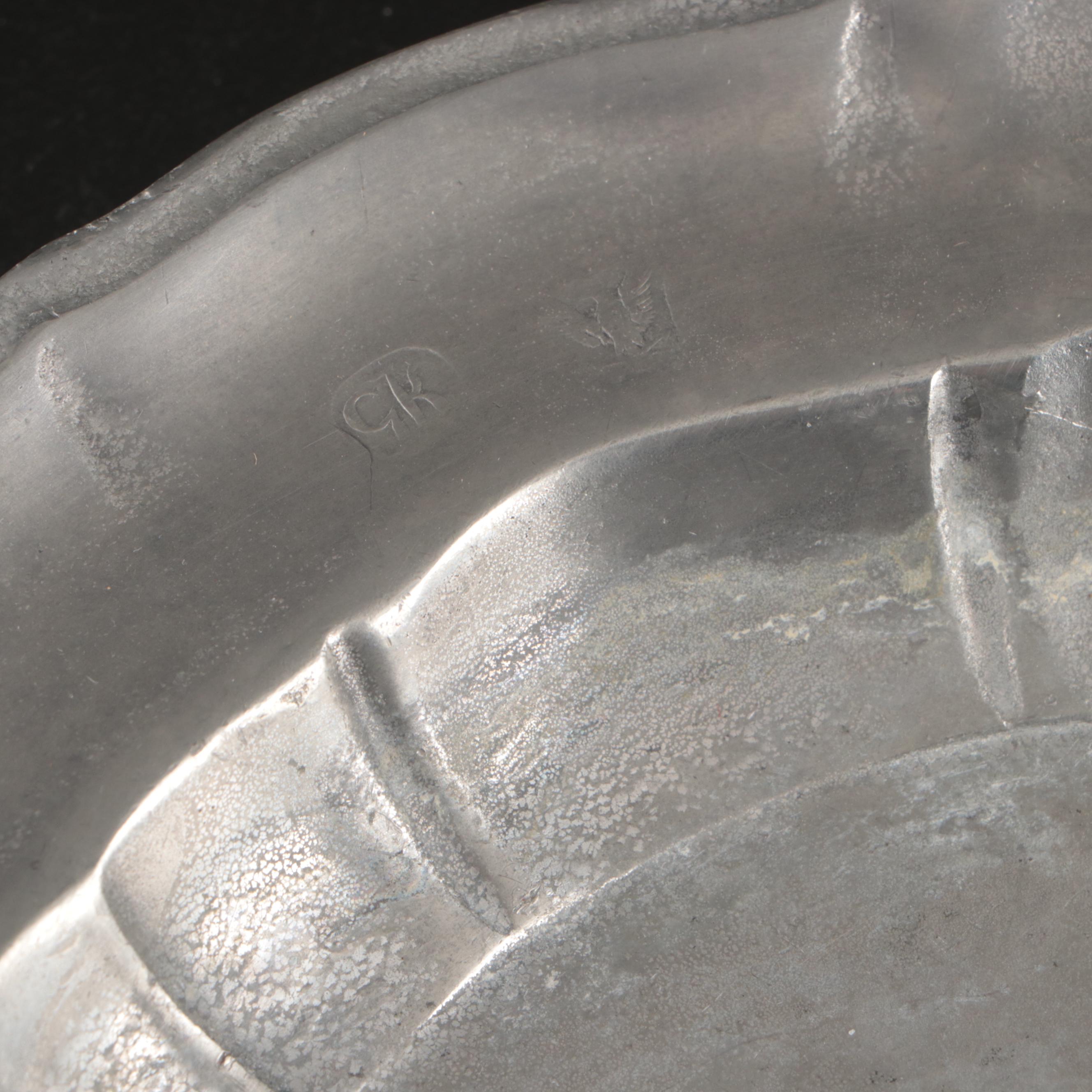 Victorian Style Pewter Teapot with Foliate Engravings and Scalloped Rim Plate