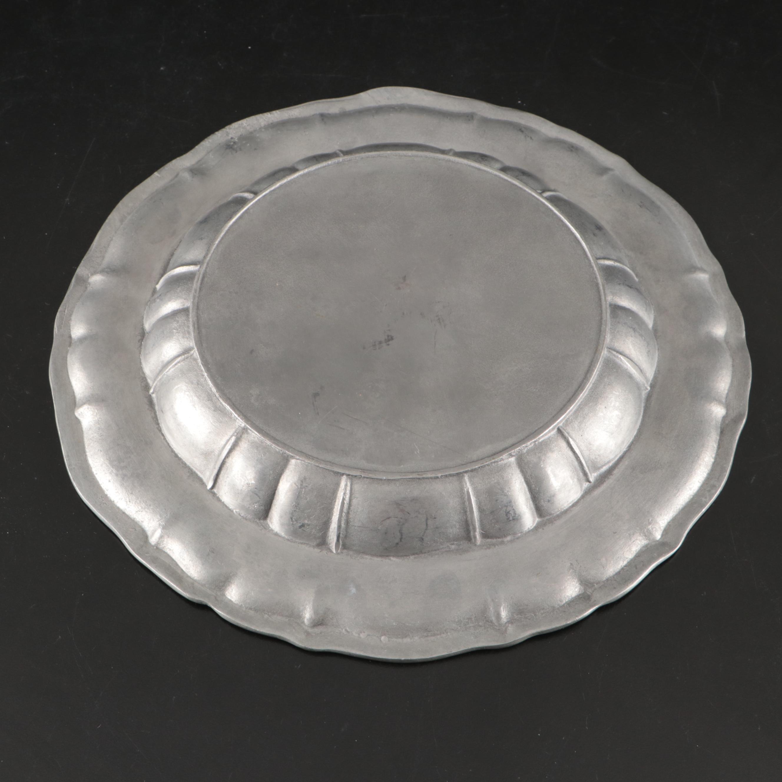 Victorian Style Pewter Teapot with Foliate Engravings and Scalloped Rim Plate