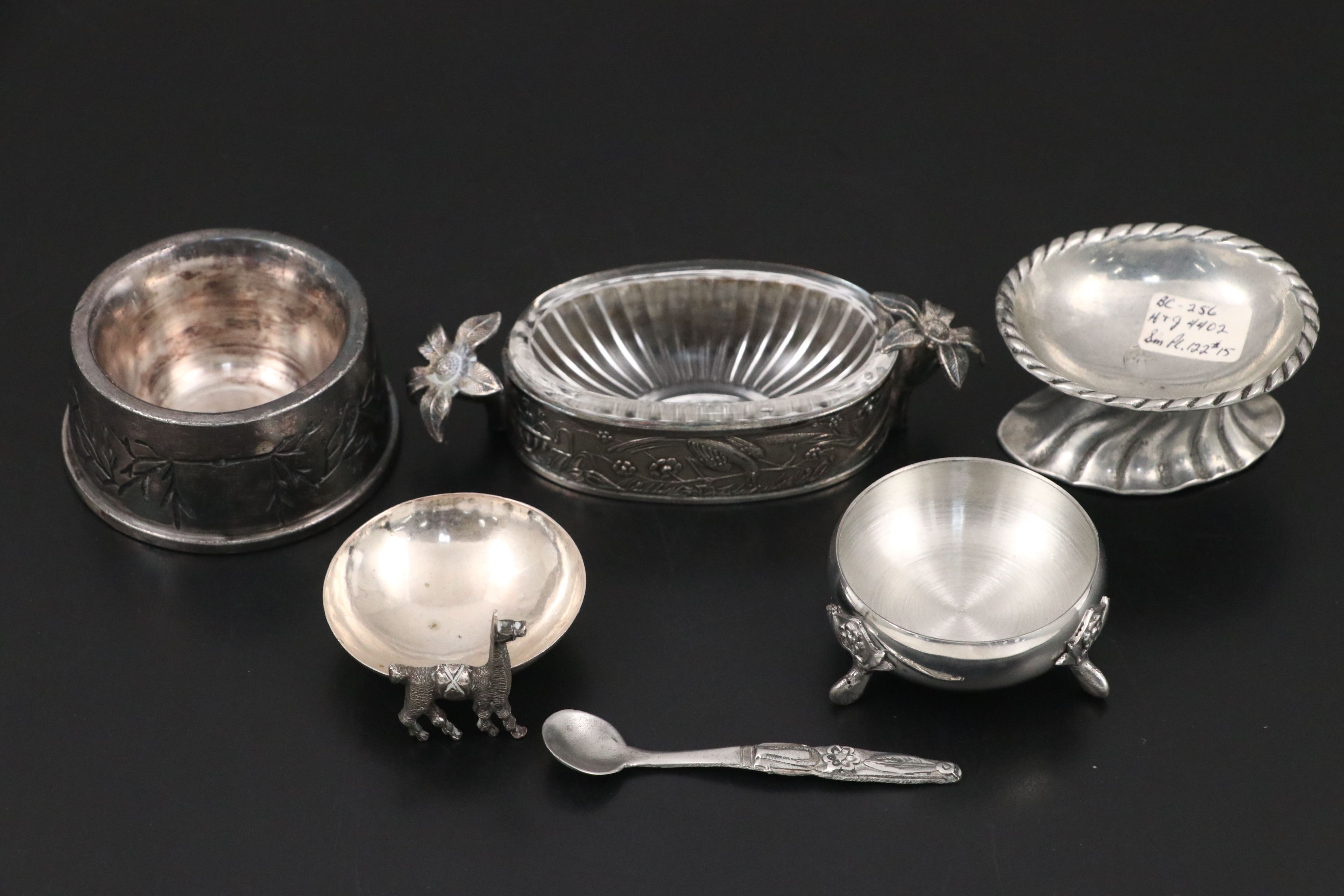 Sterling Grapevine Clawfoot Salt Cellar with Silver Plate and Metal Cellars