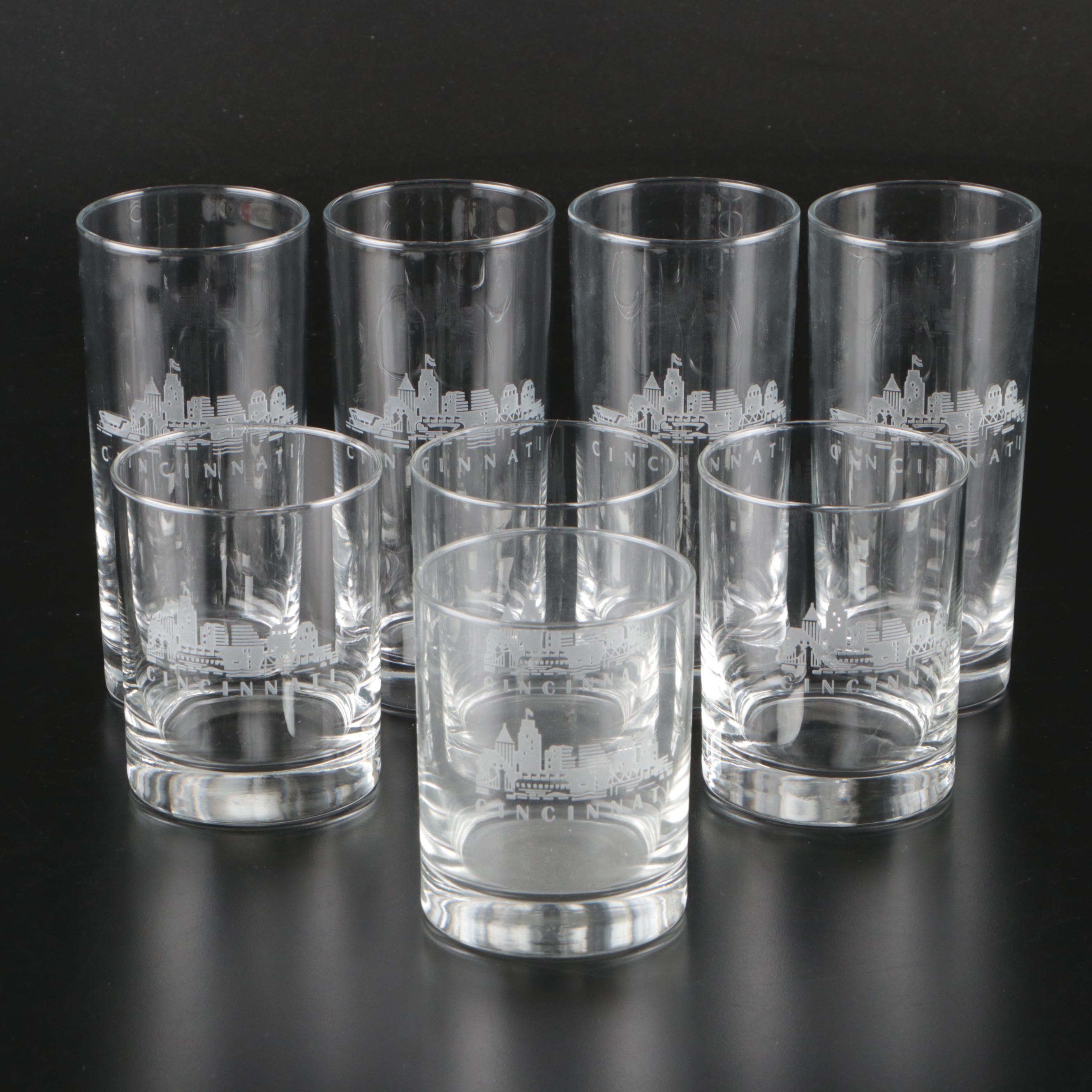Cincinnati Cityscape Etched Glass Tumblers and Old Fashioned Glasses