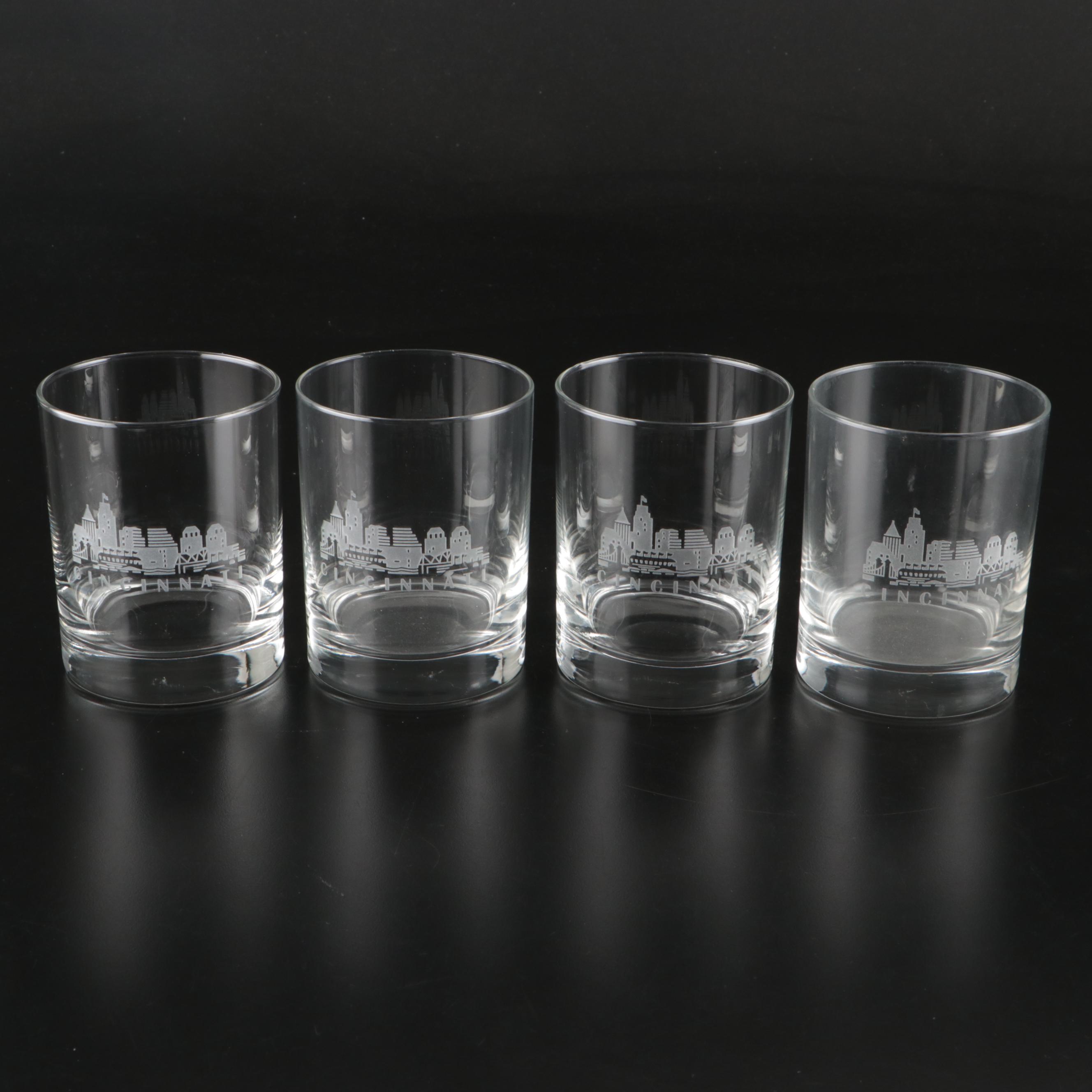 Cincinnati Cityscape Etched Glass Tumblers and Old Fashioned Glasses
