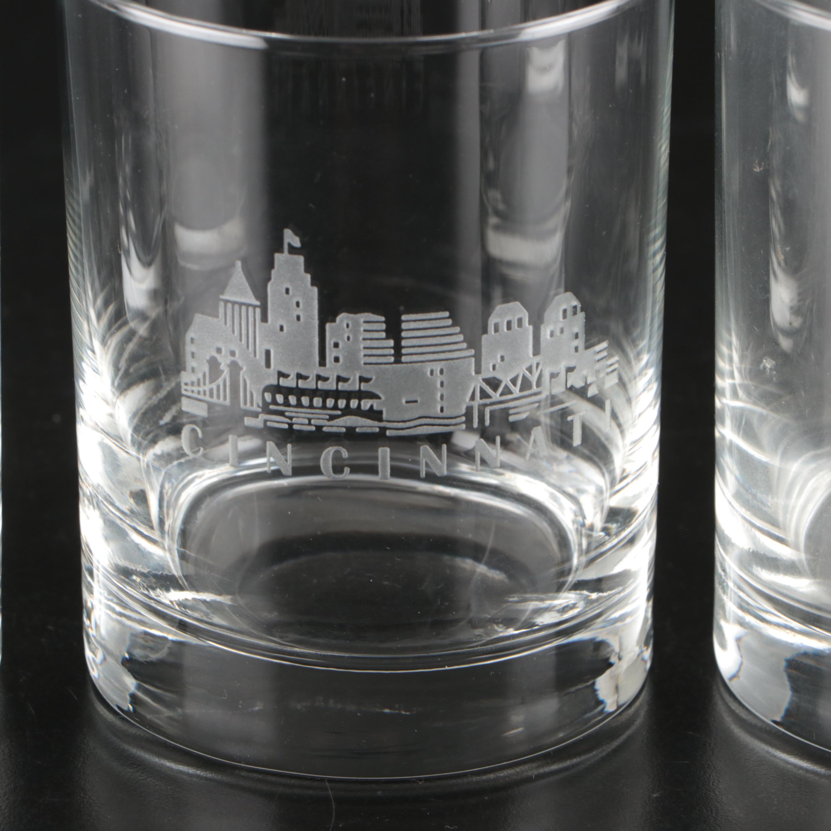 Cincinnati Cityscape Etched Glass Tumblers and Old Fashioned Glasses