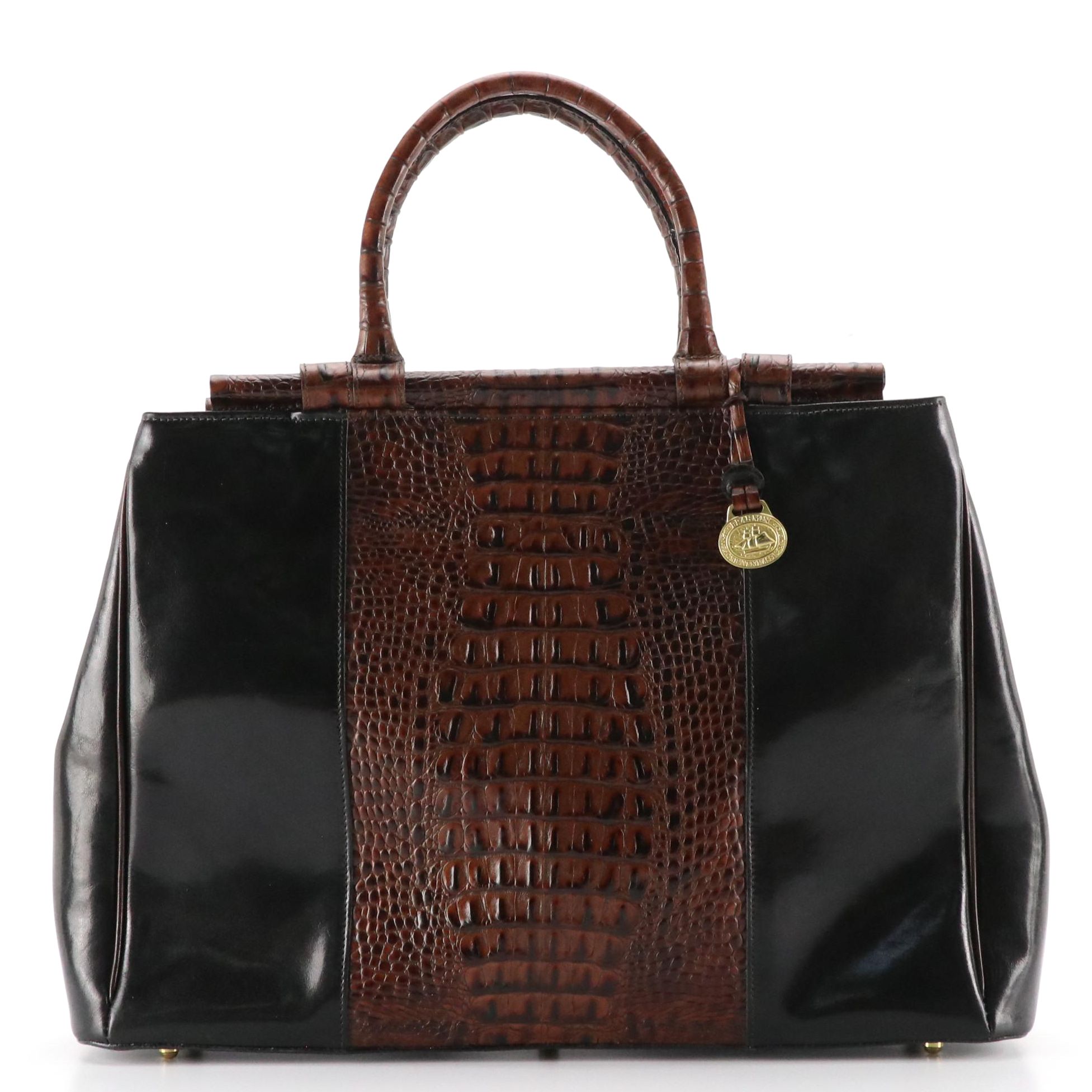 Brahmin Two-Way Tote in Brown Croc Embossed and Black Tuscan Leather