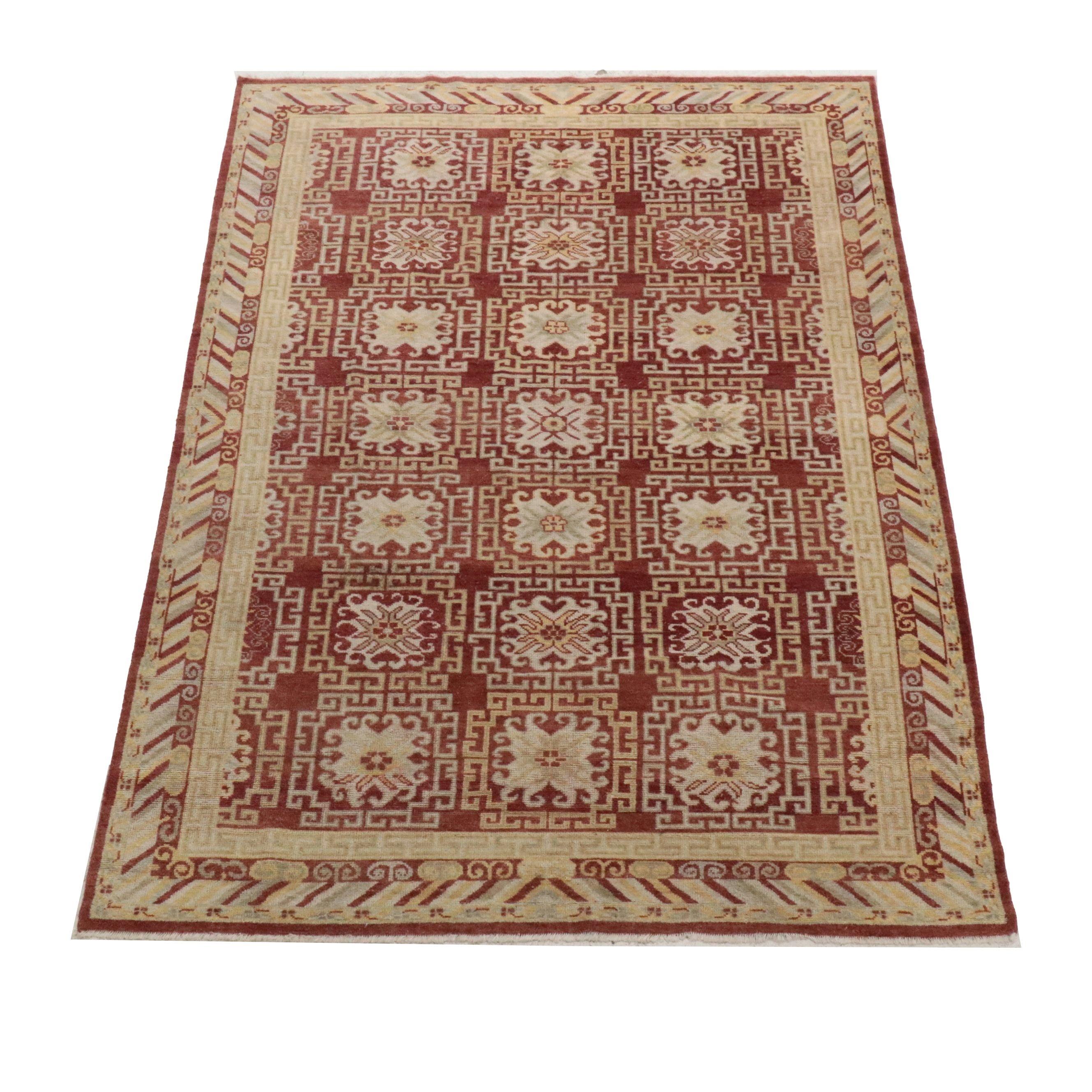 6' x 8'11 Hand-Knotted Tibetan Floral and Geometric Area Rug