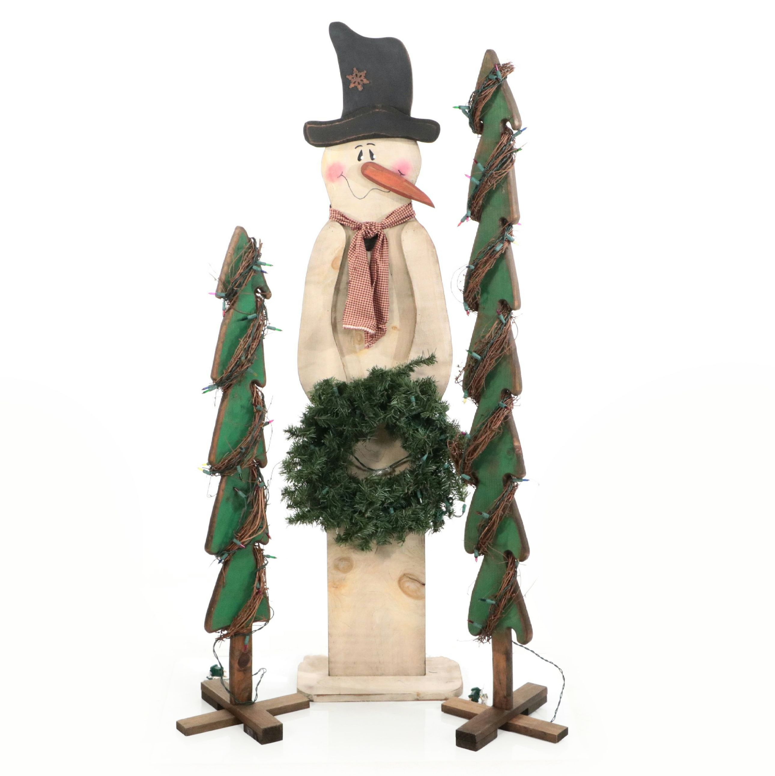Folk Art Style Illuminated Snowman and Christmas Trees