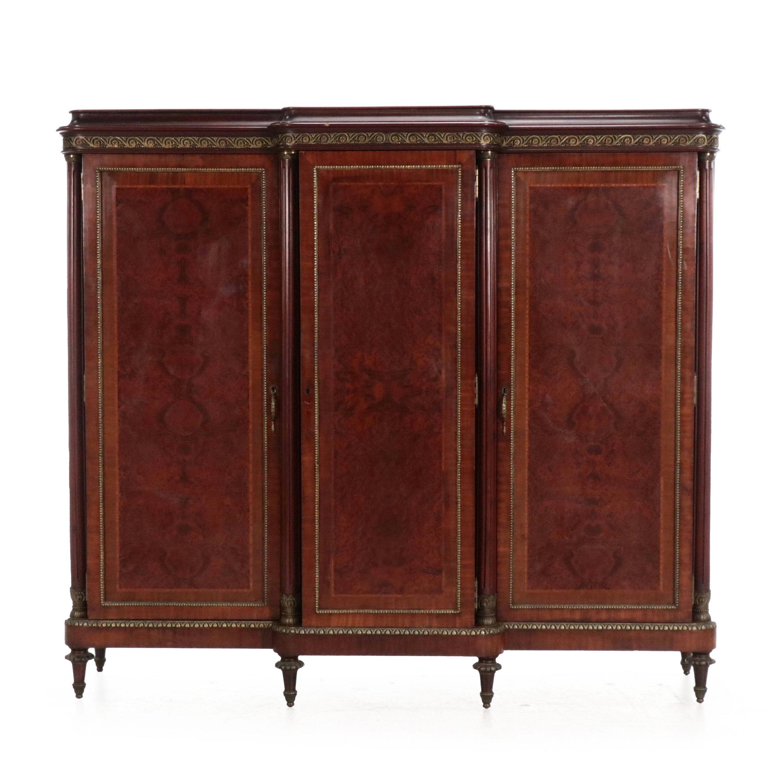 French Louis Philippe Style Carved Parcel Gilt  Mahogany and Burl Wardrobe