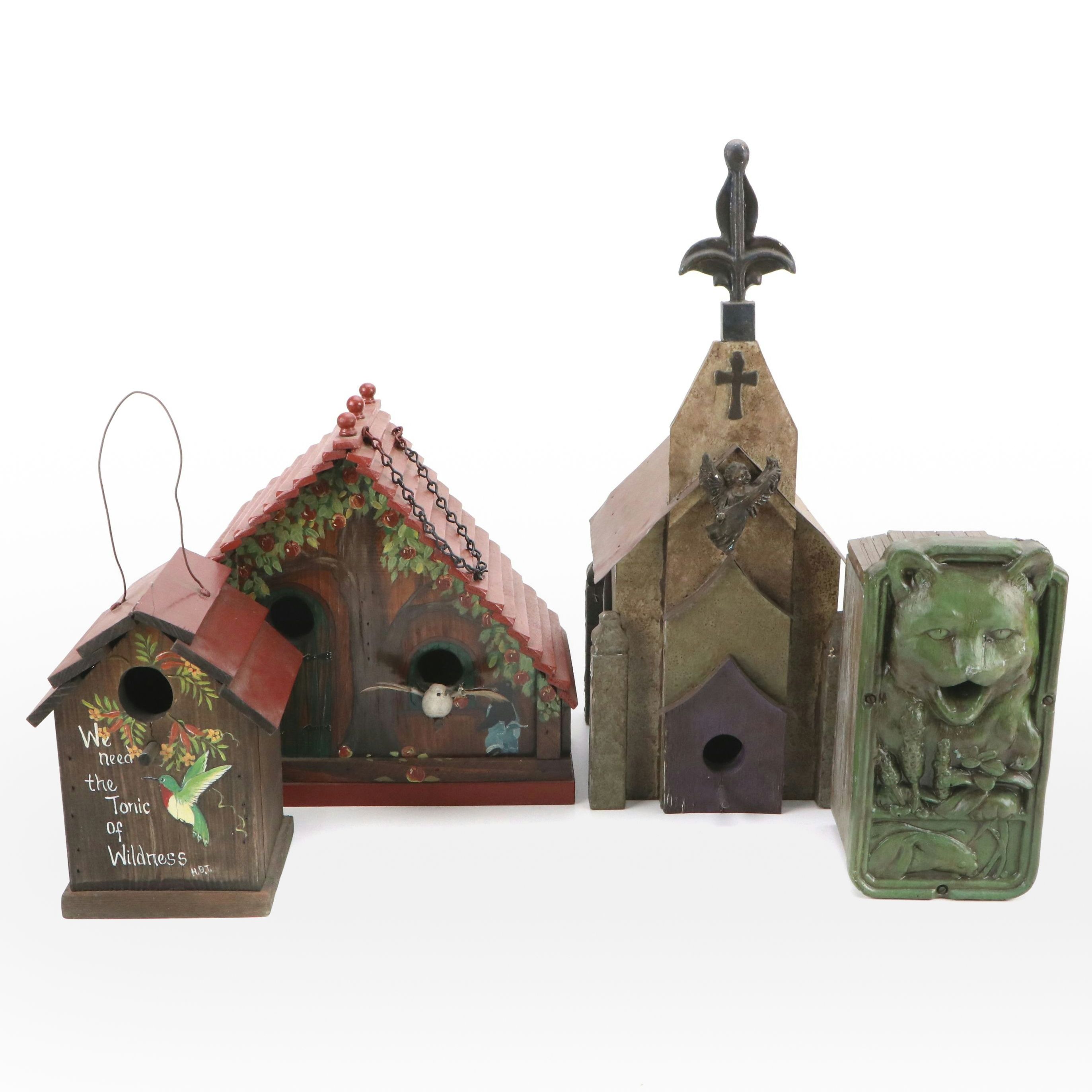Green Cat, Cathedral and Hand-Painted Wood Birdhouses
