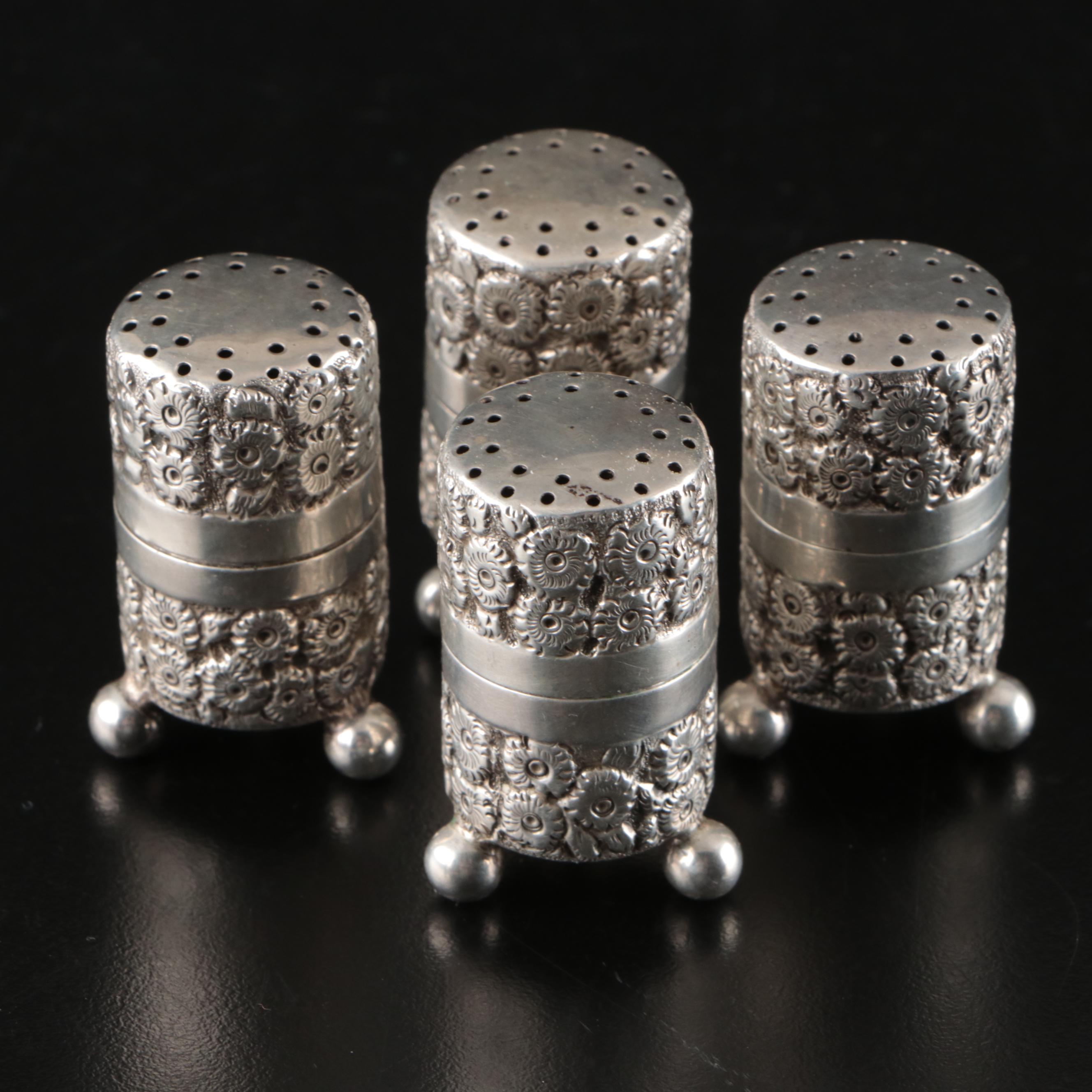 English Sterling Silver Daisy Repoussé Salt Shakers, 1903