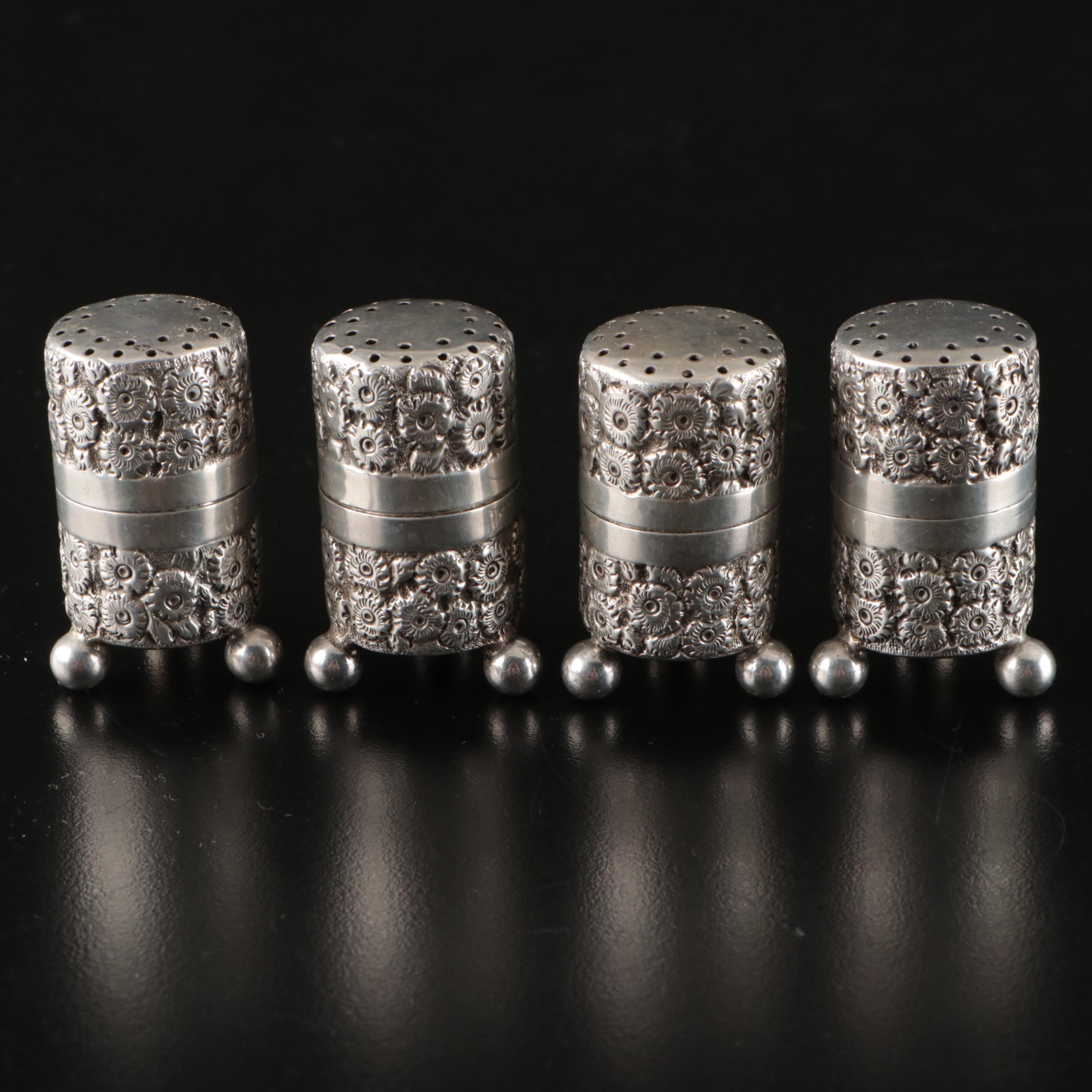English Sterling Silver Daisy Repoussé Salt Shakers, 1903