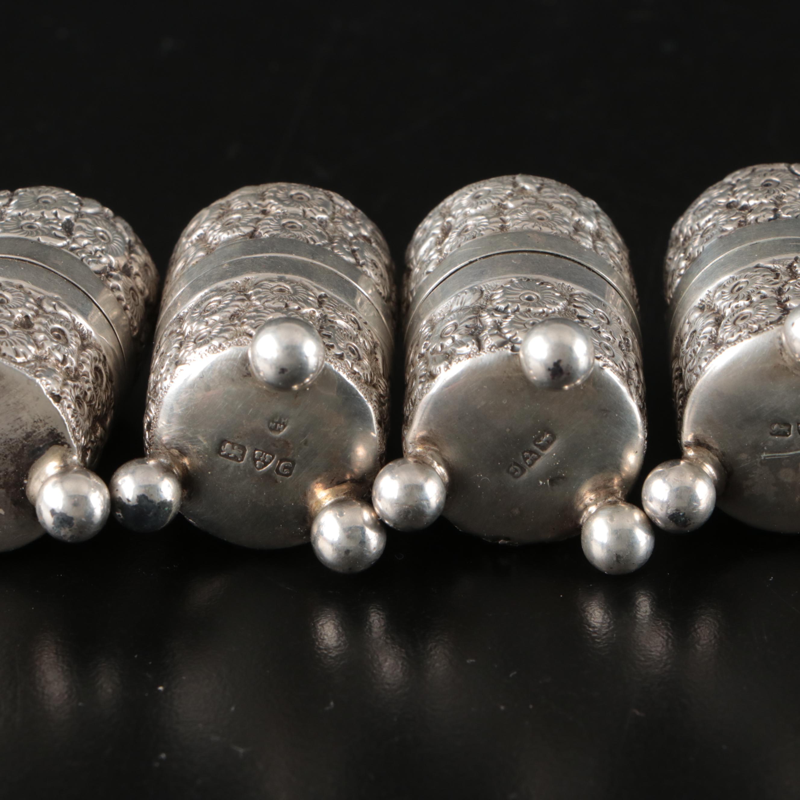 English Sterling Silver Daisy Repoussé Salt Shakers, 1903