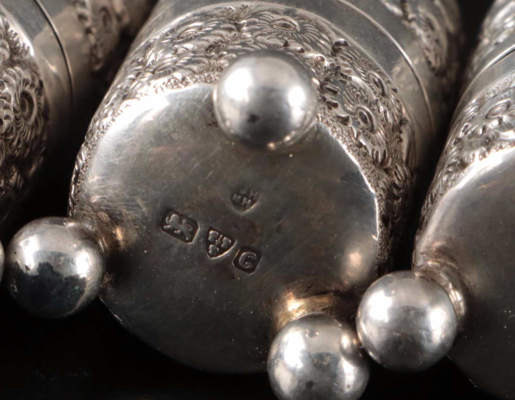 English Sterling Silver Daisy Repoussé Salt Shakers, 1903