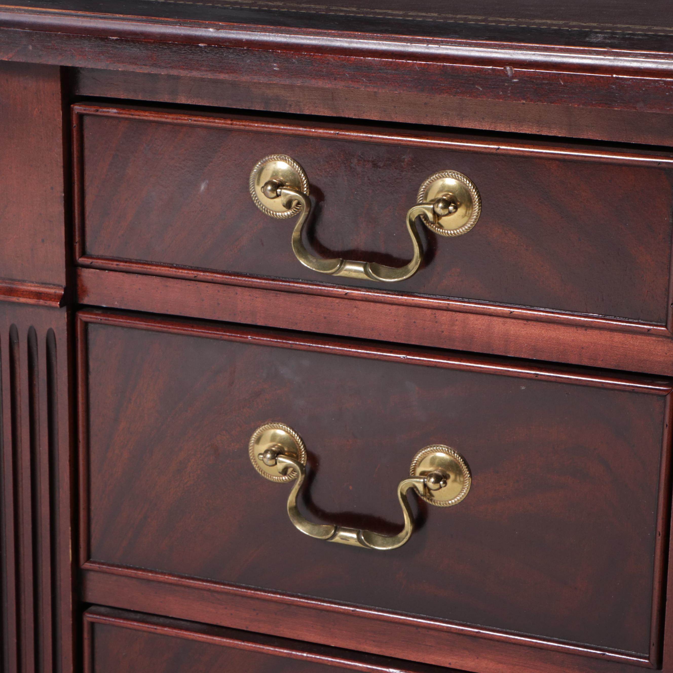 Leather Top Mahogany and Burl Wood Executive Desk