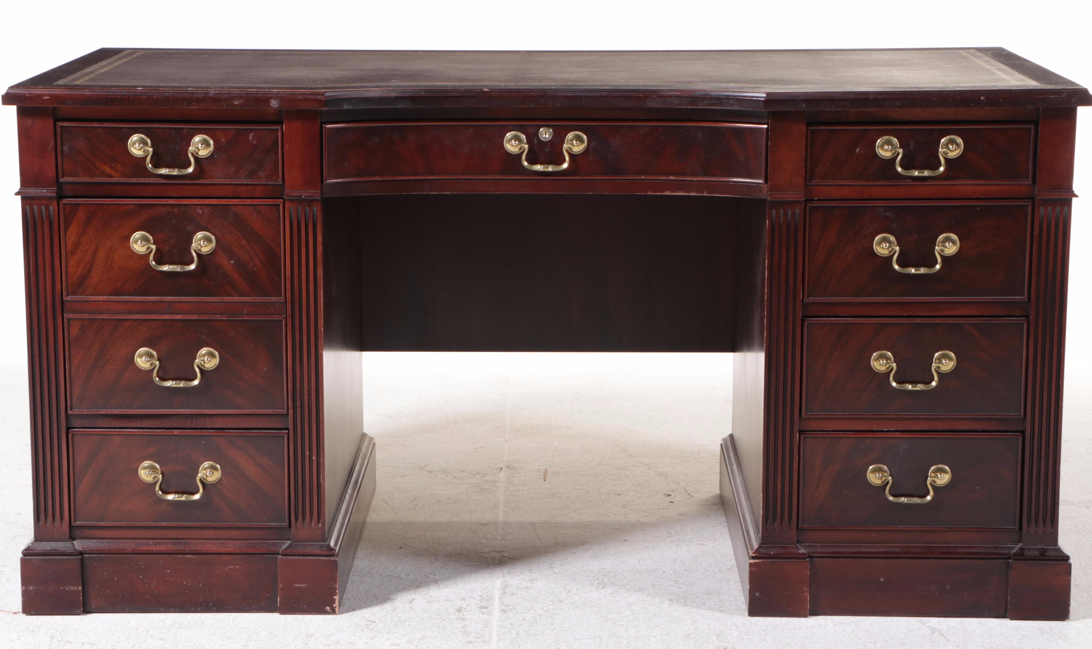 Leather Top Mahogany and Burl Wood Executive Desk