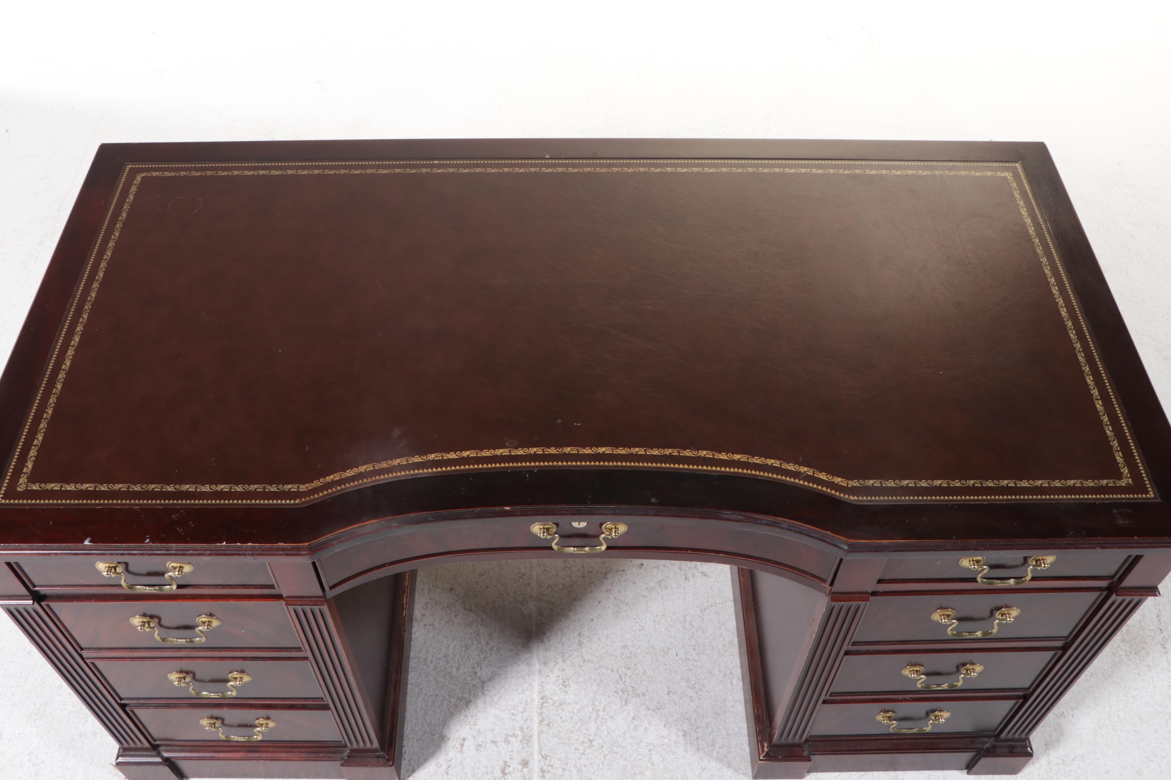 Leather Top Mahogany and Burl Wood Executive Desk