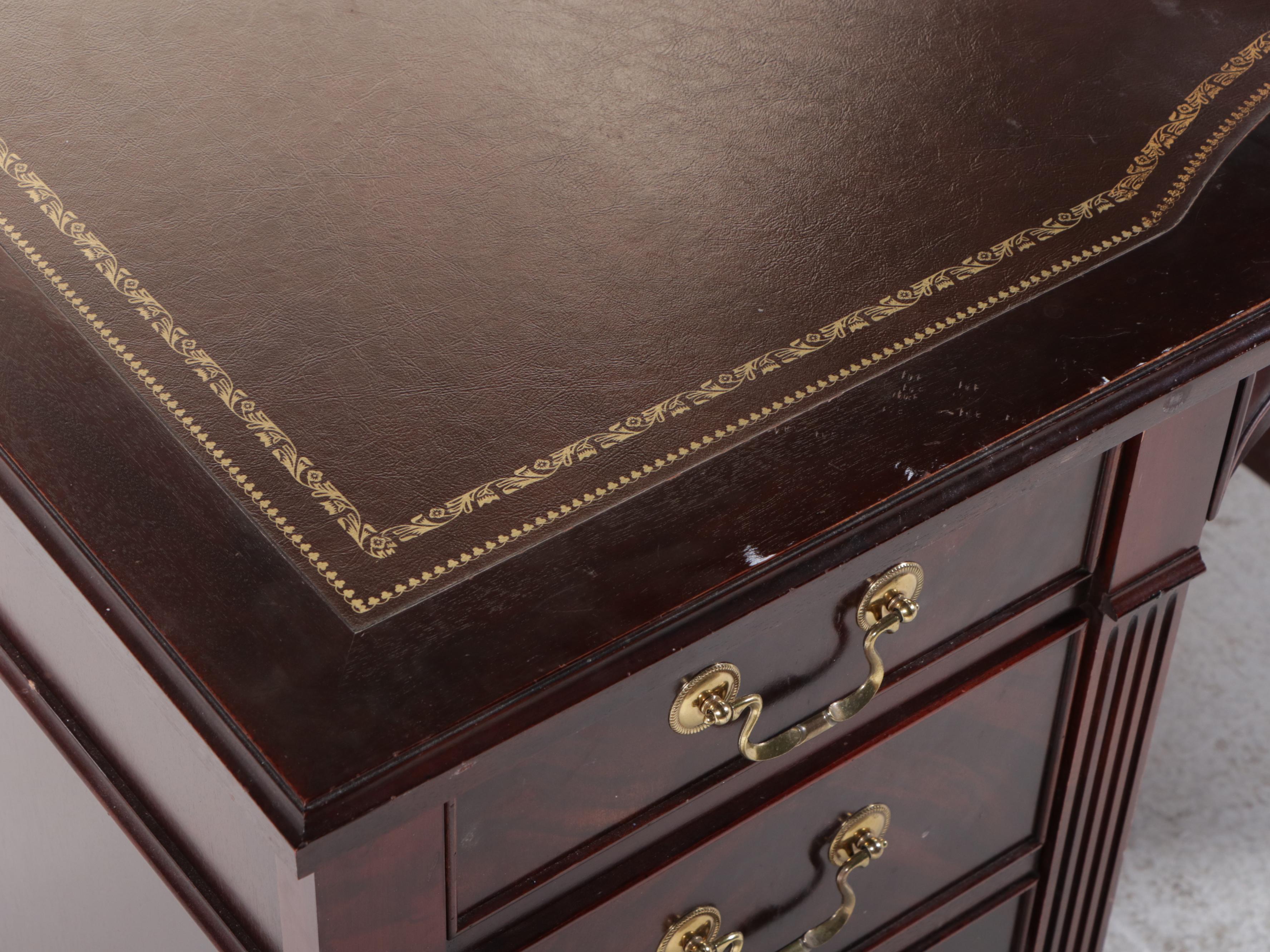 Leather Top Mahogany and Burl Wood Executive Desk