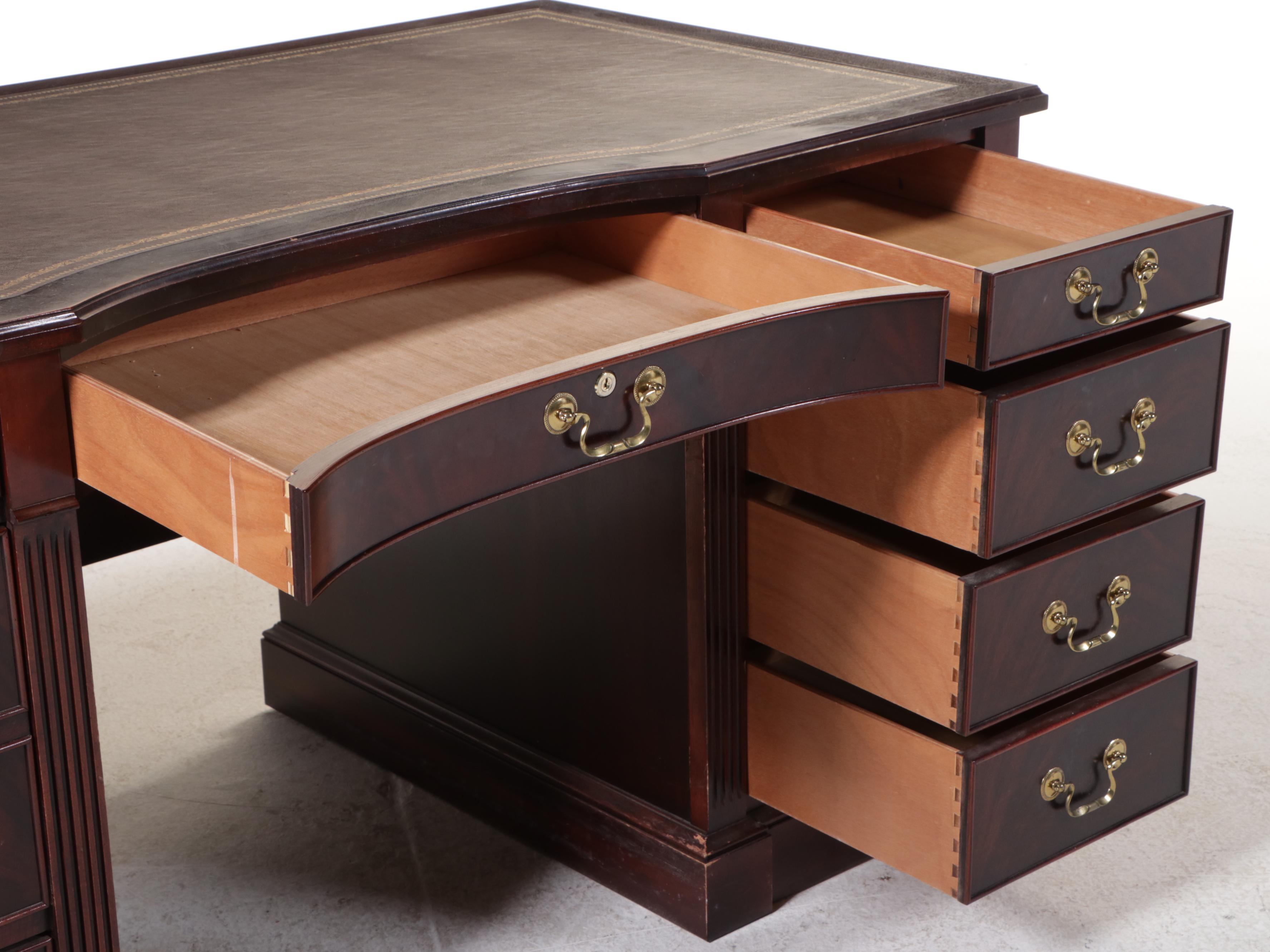 Leather Top Mahogany and Burl Wood Executive Desk