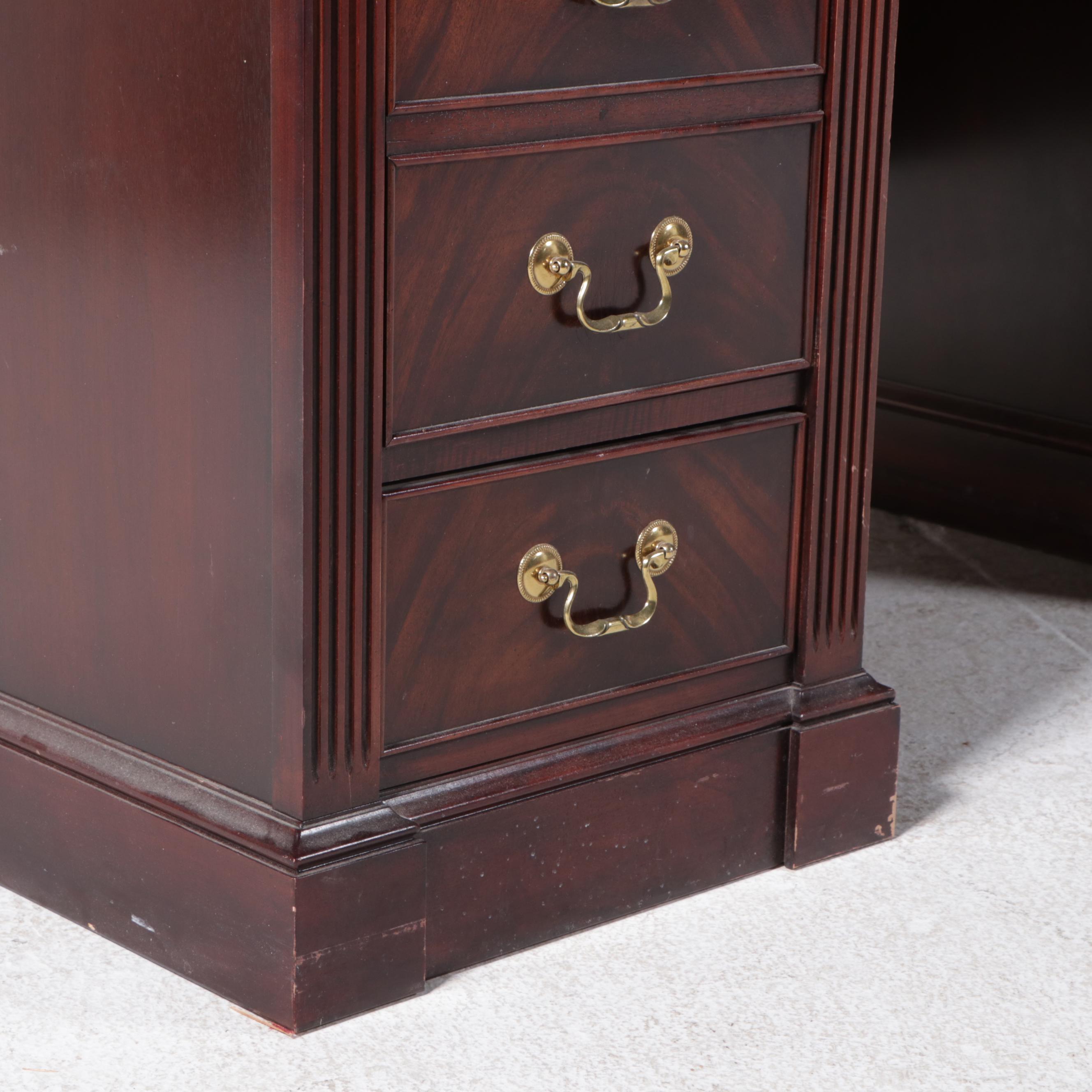 Leather Top Mahogany and Burl Wood Executive Desk
