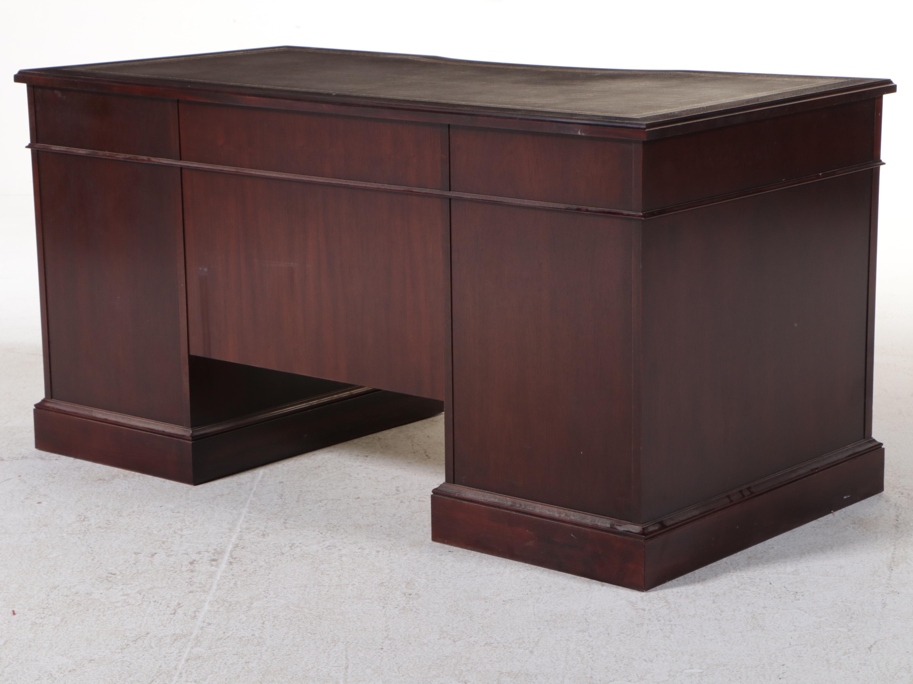 Leather Top Mahogany and Burl Wood Executive Desk