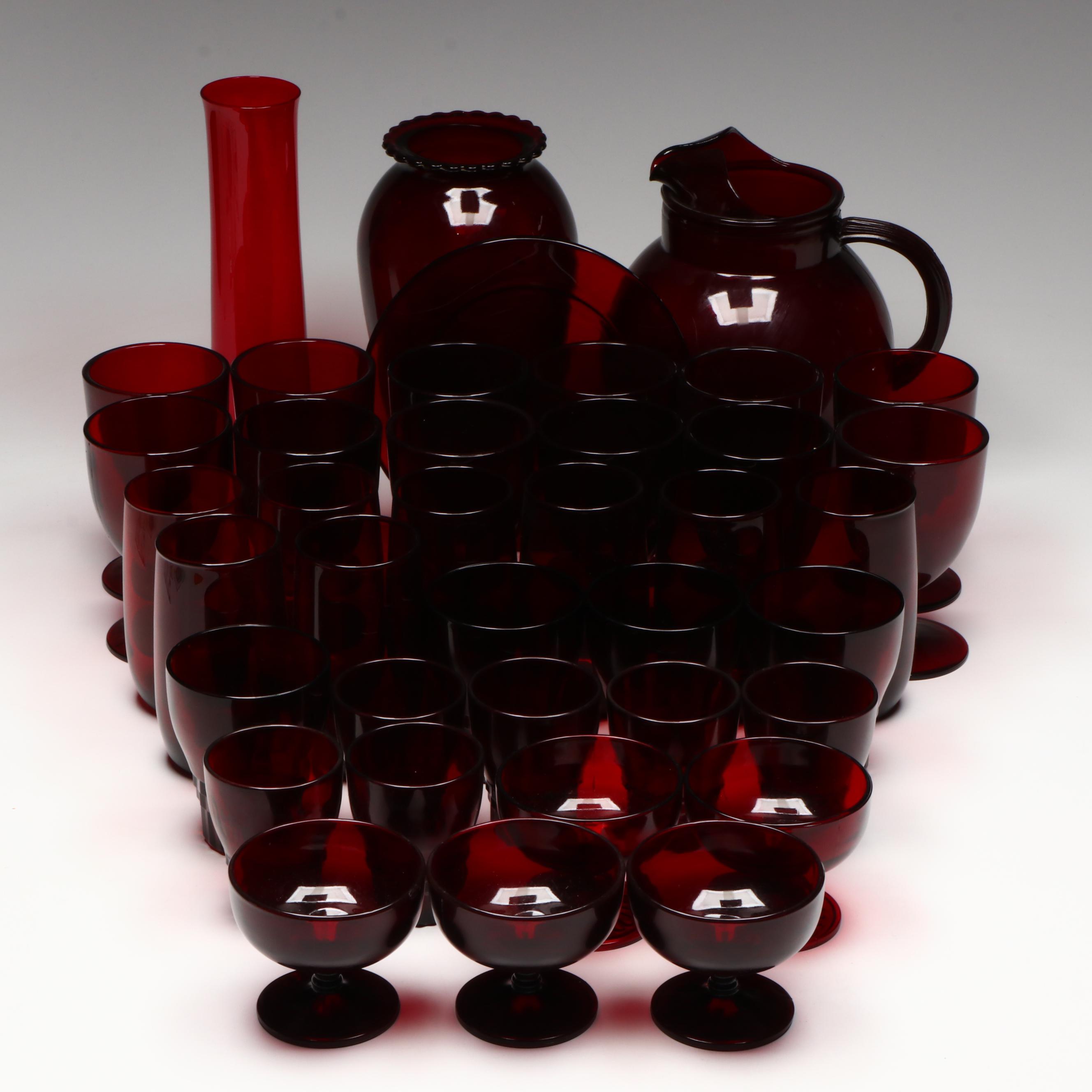 Anchor Hocking "Royal Ruby" Tableware and Vases, Mid to Late 20th Century