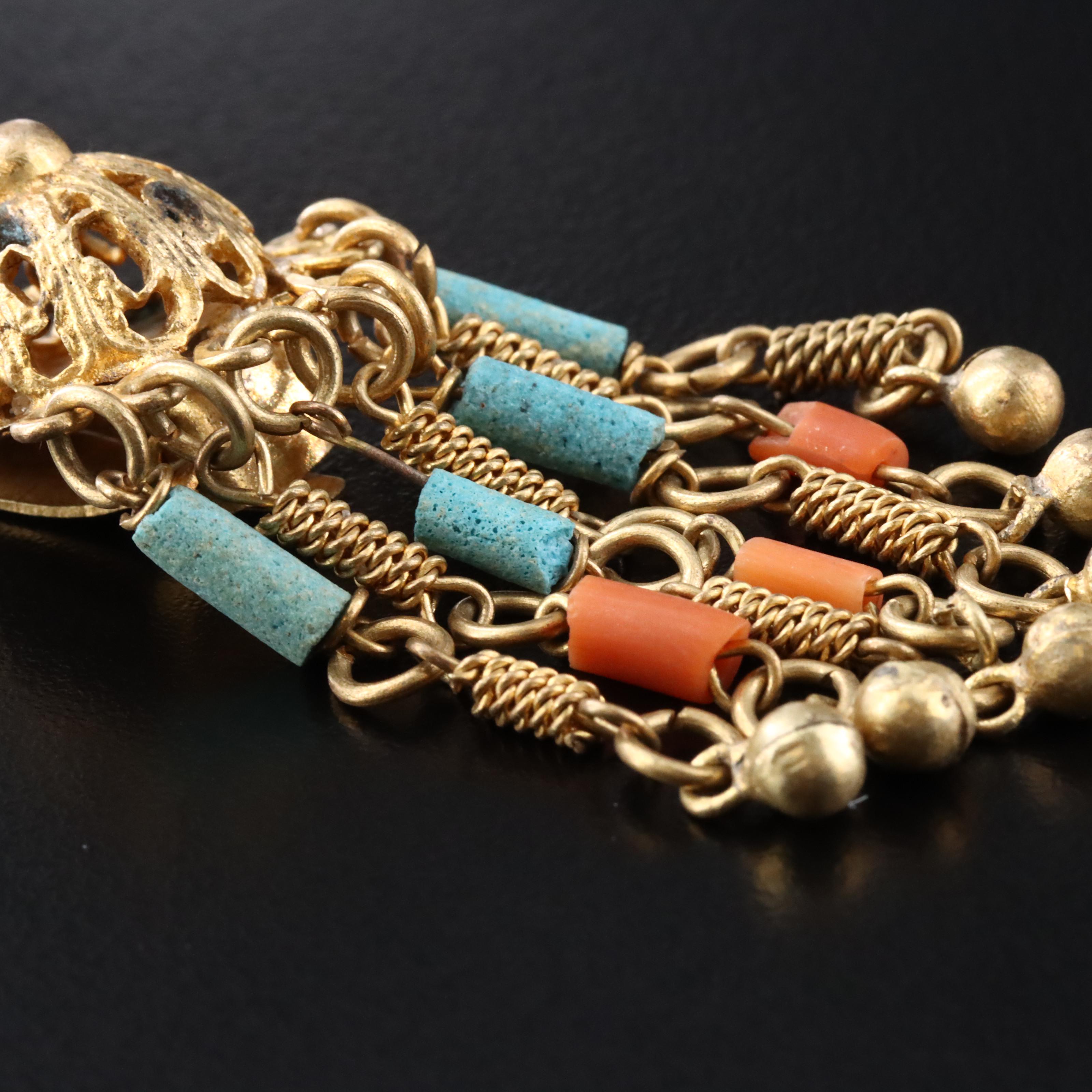 Filigree Coral and Faience Dome Fringe Earrings