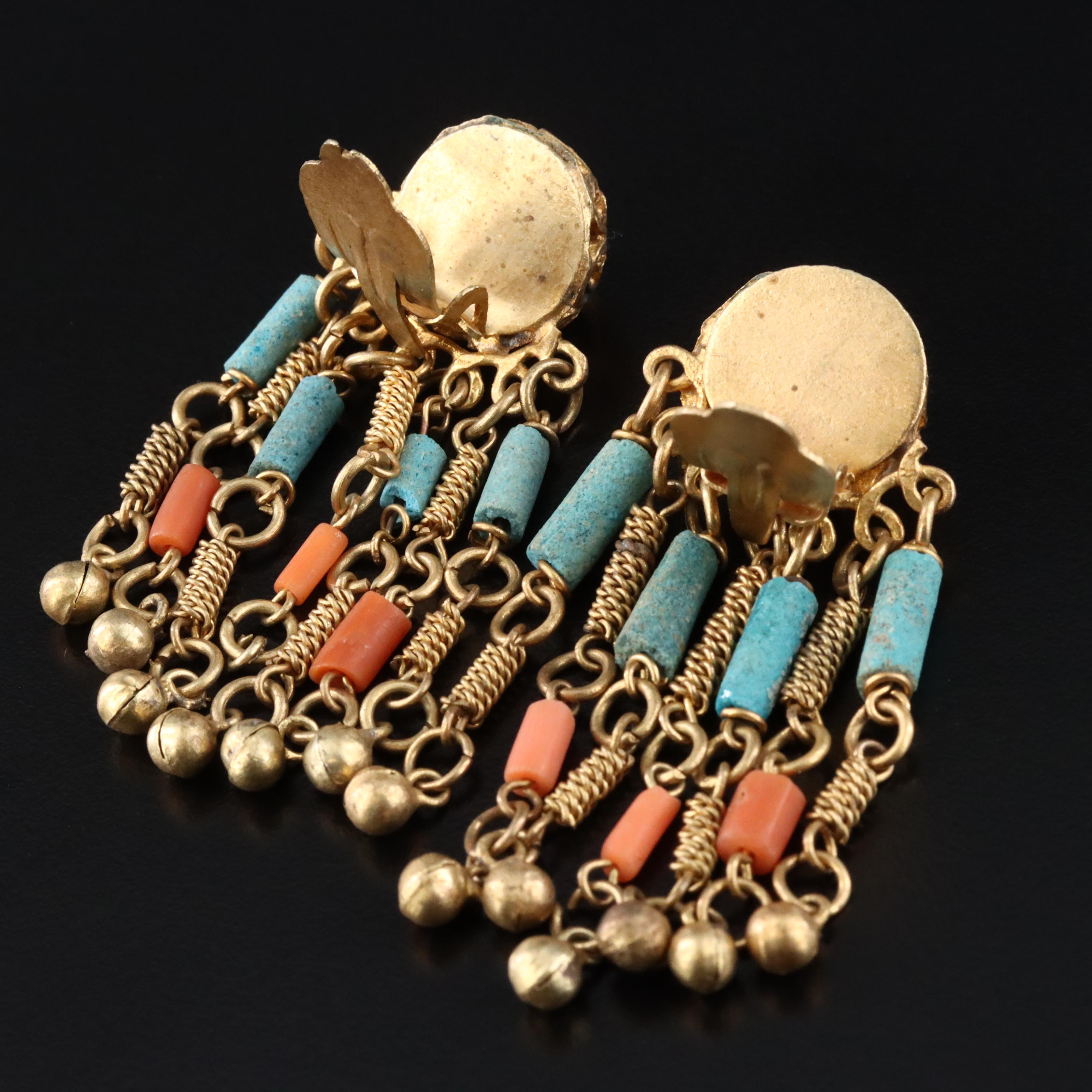 Filigree Coral and Faience Dome Fringe Earrings