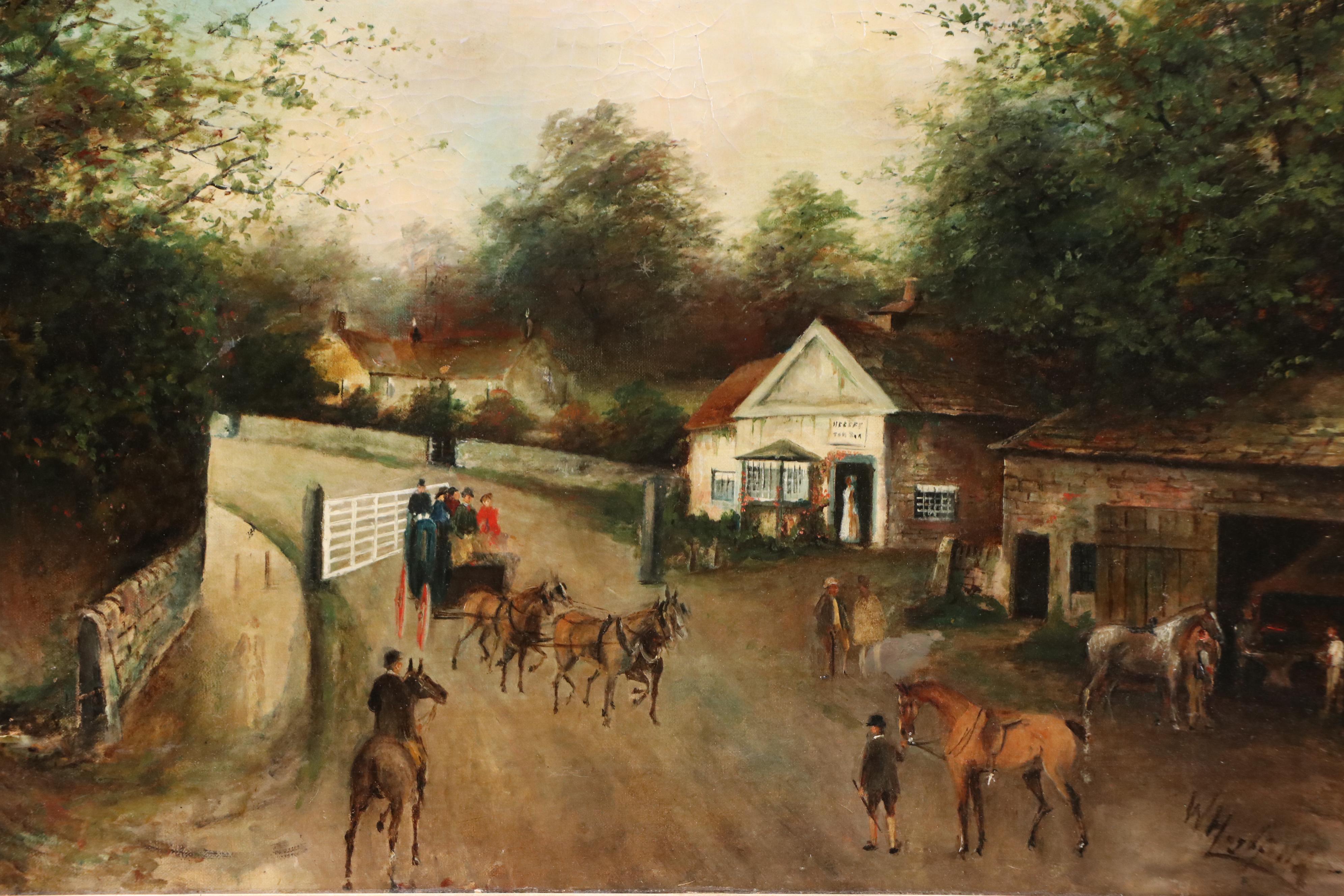 American School Self-Taught Artist Oil Painting of Village Scene, Circa 1900