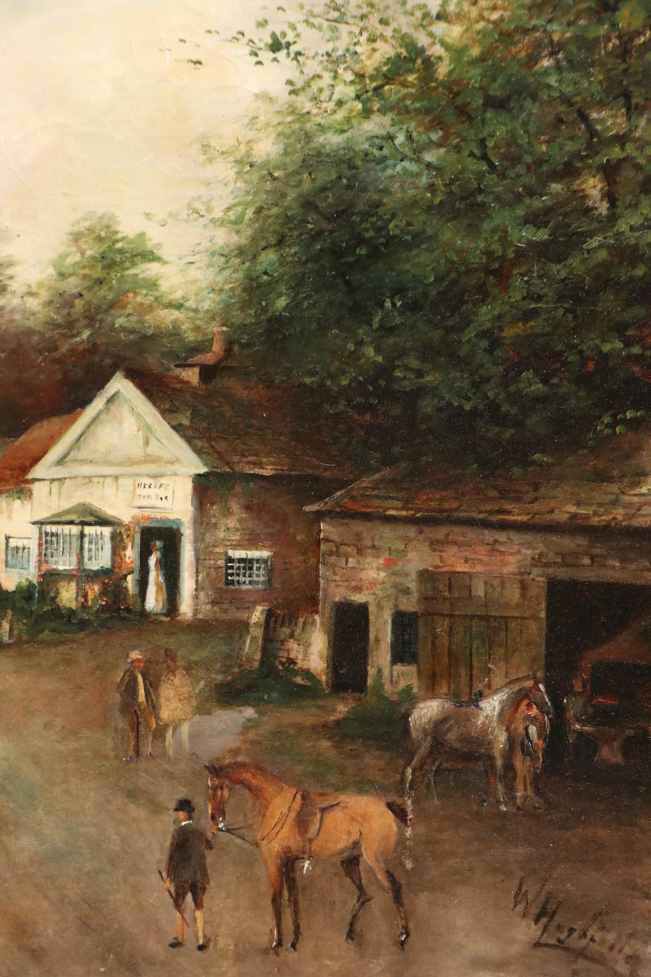 American School Self-Taught Artist Oil Painting of Village Scene, Circa 1900