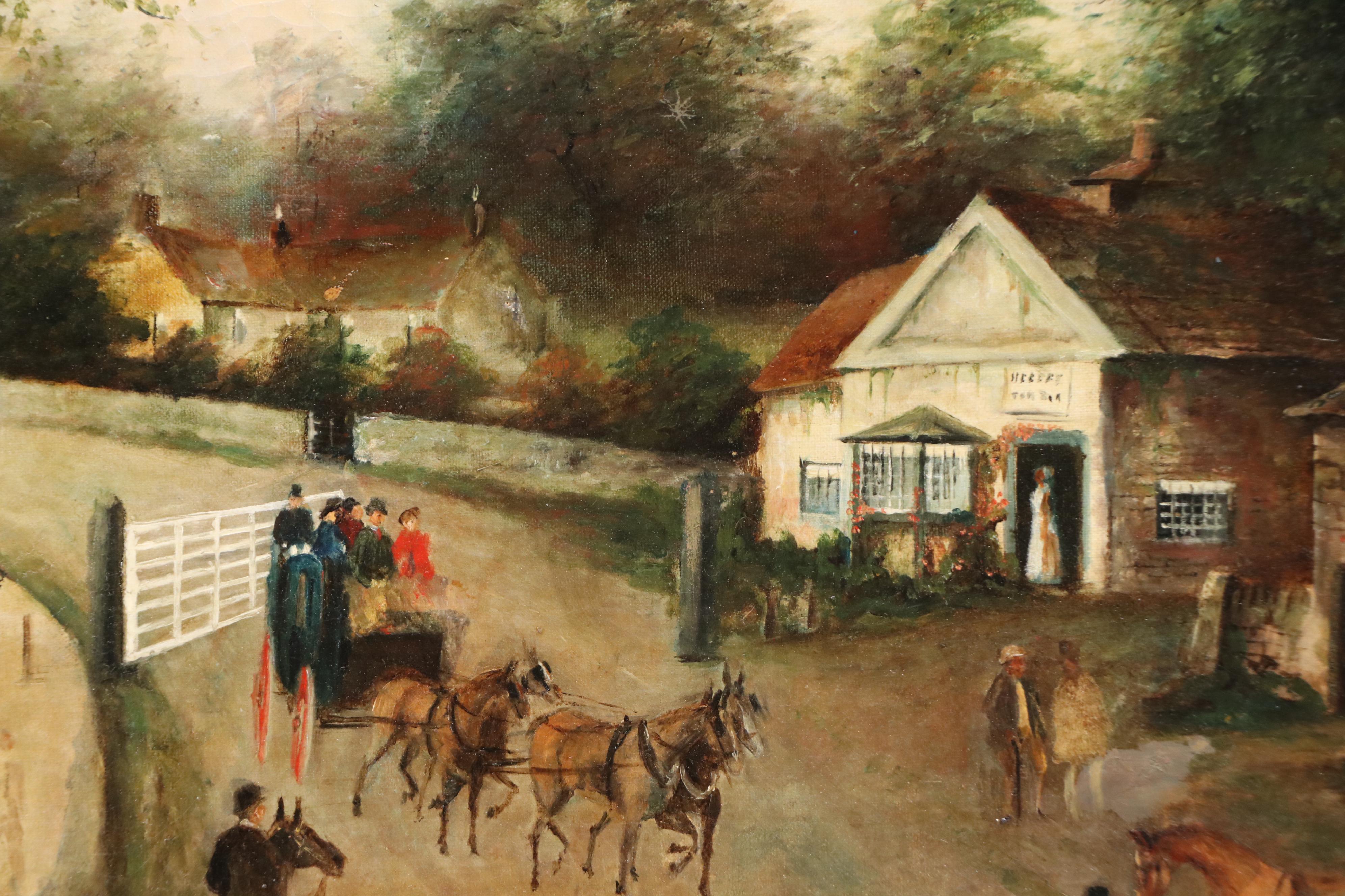 American School Self-Taught Artist Oil Painting of Village Scene, Circa 1900
