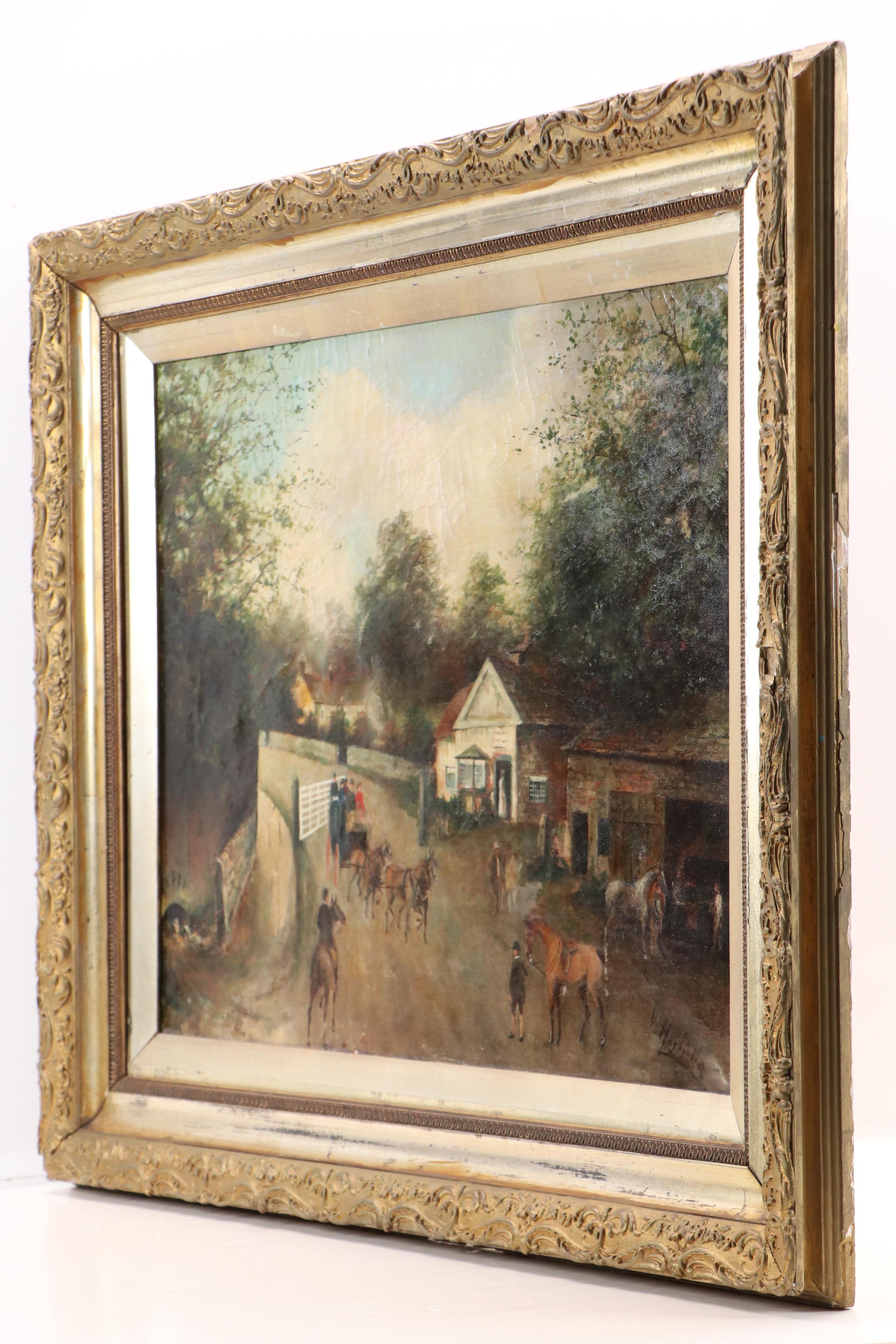 American School Self-Taught Artist Oil Painting of Village Scene, Circa 1900
