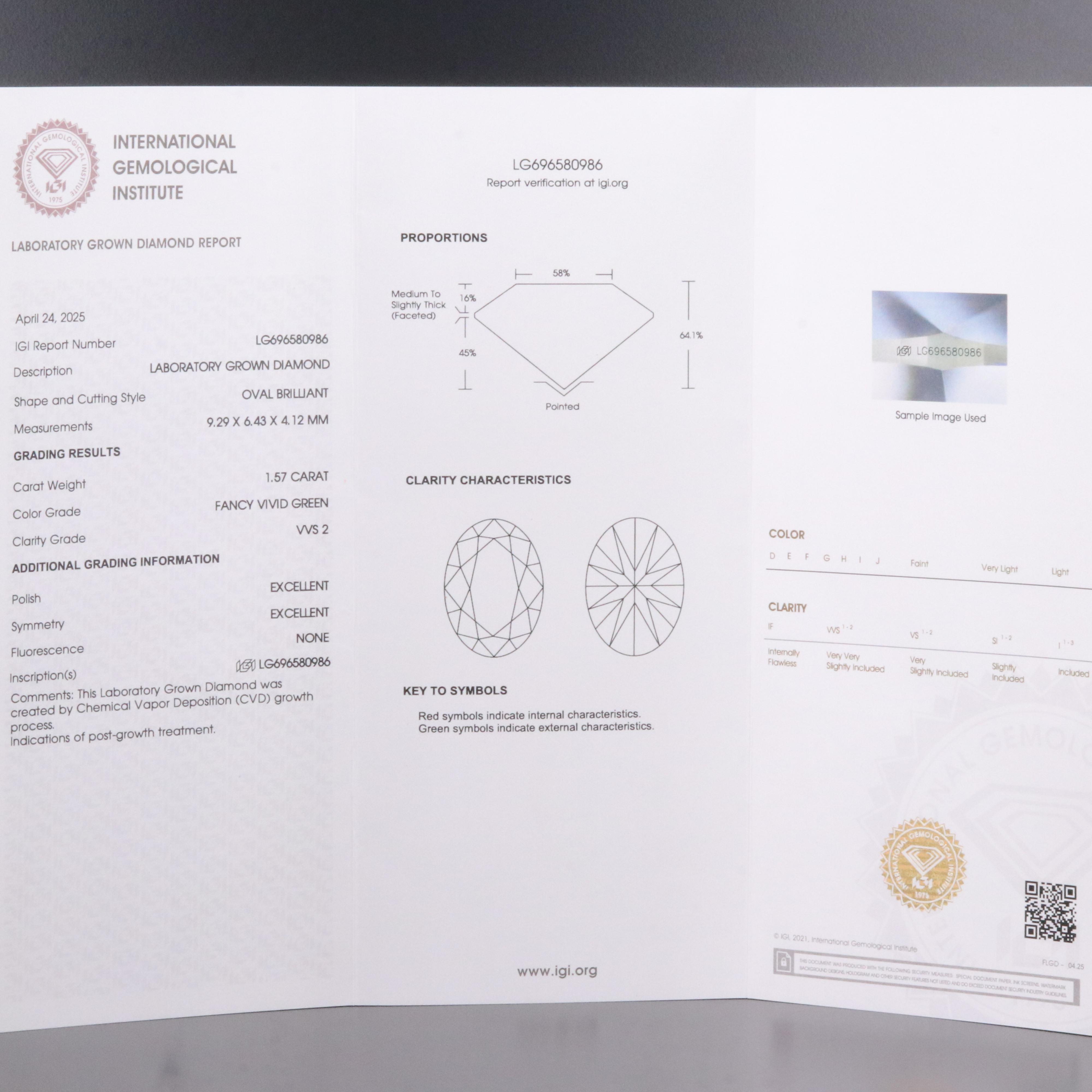 Loose 1.57 CT Fancy Vivid Green Lab Grown Diamond with IGI Report