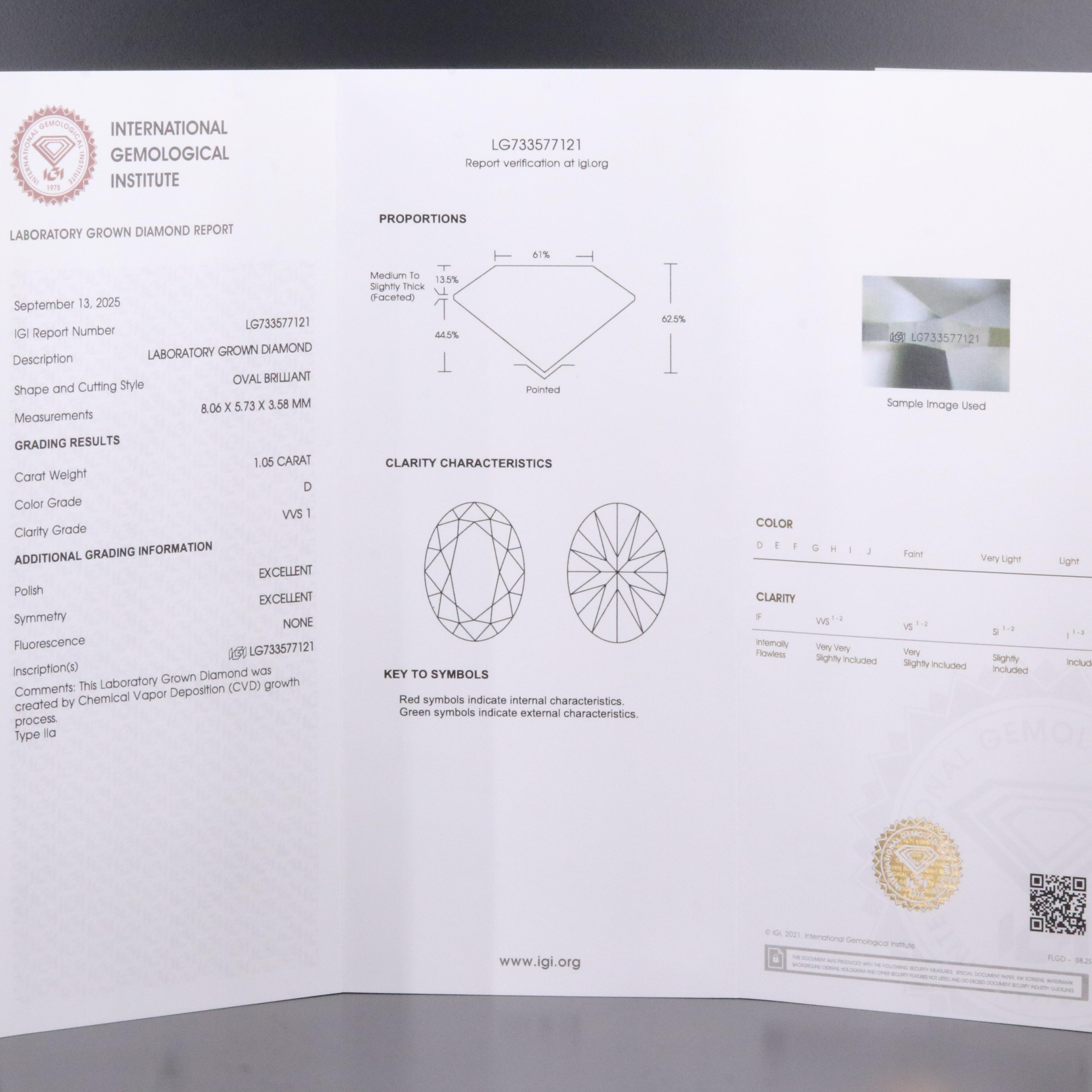 Loose 1.05 CT Lab Grown Diamond with IGI Report