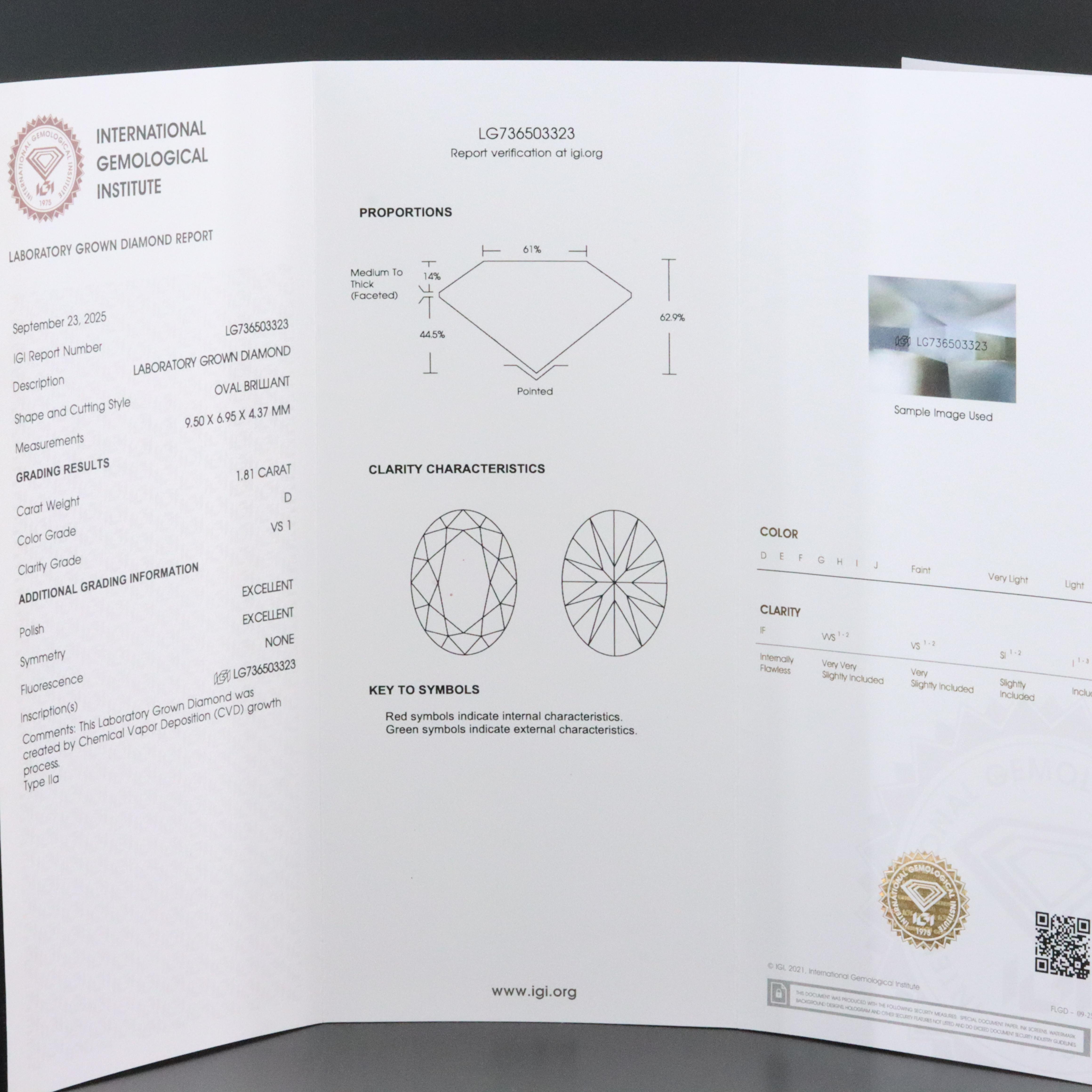 Loose 1.81 CT Lab Grown Diamond with IGI Report