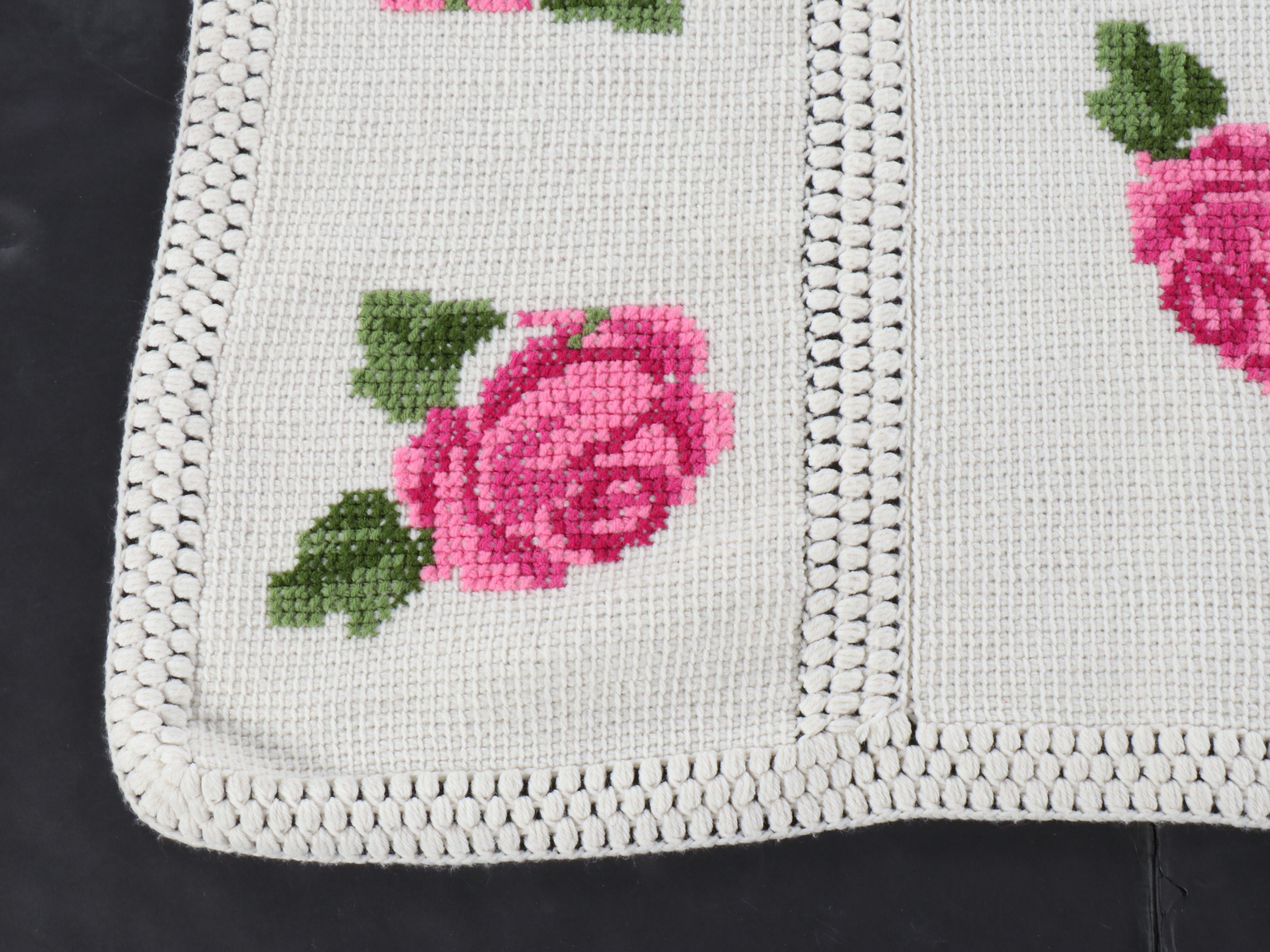 Handmade Floral Cross-Stitch on Crochet Blanket