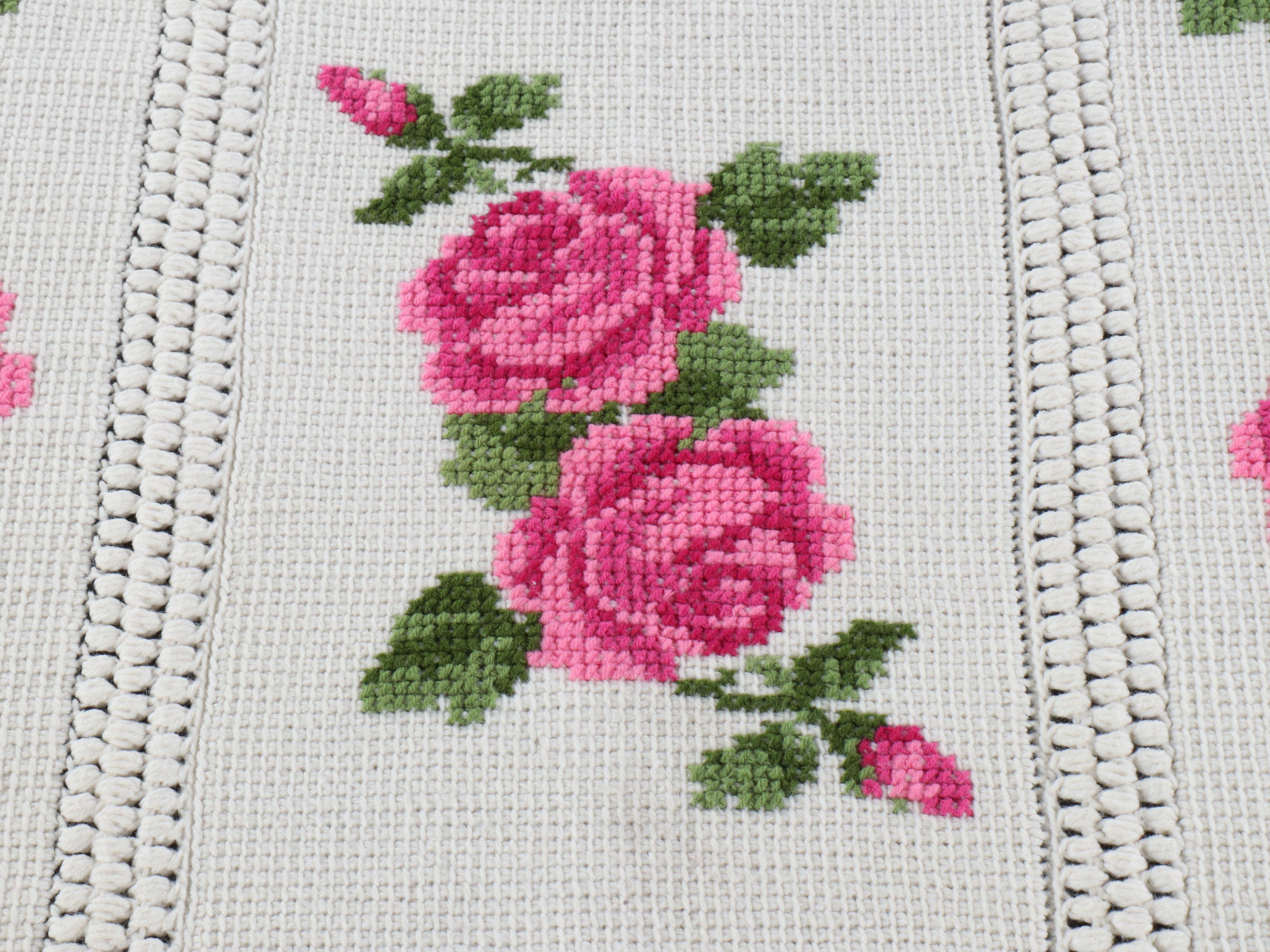 Handmade Floral Cross-Stitch on Crochet Blanket