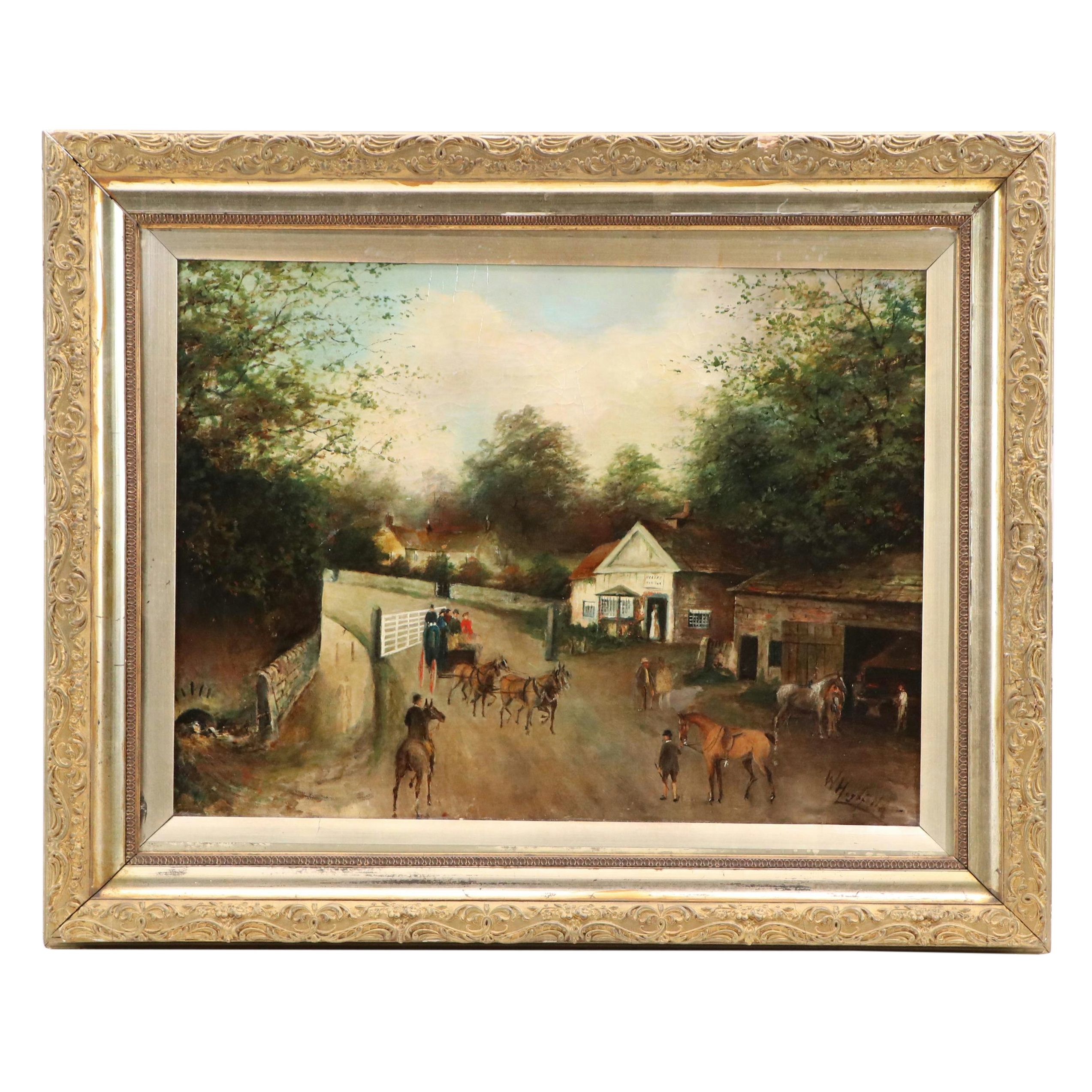 American School Self-Taught Artist Oil Painting of Village Scene, Circa 1900
