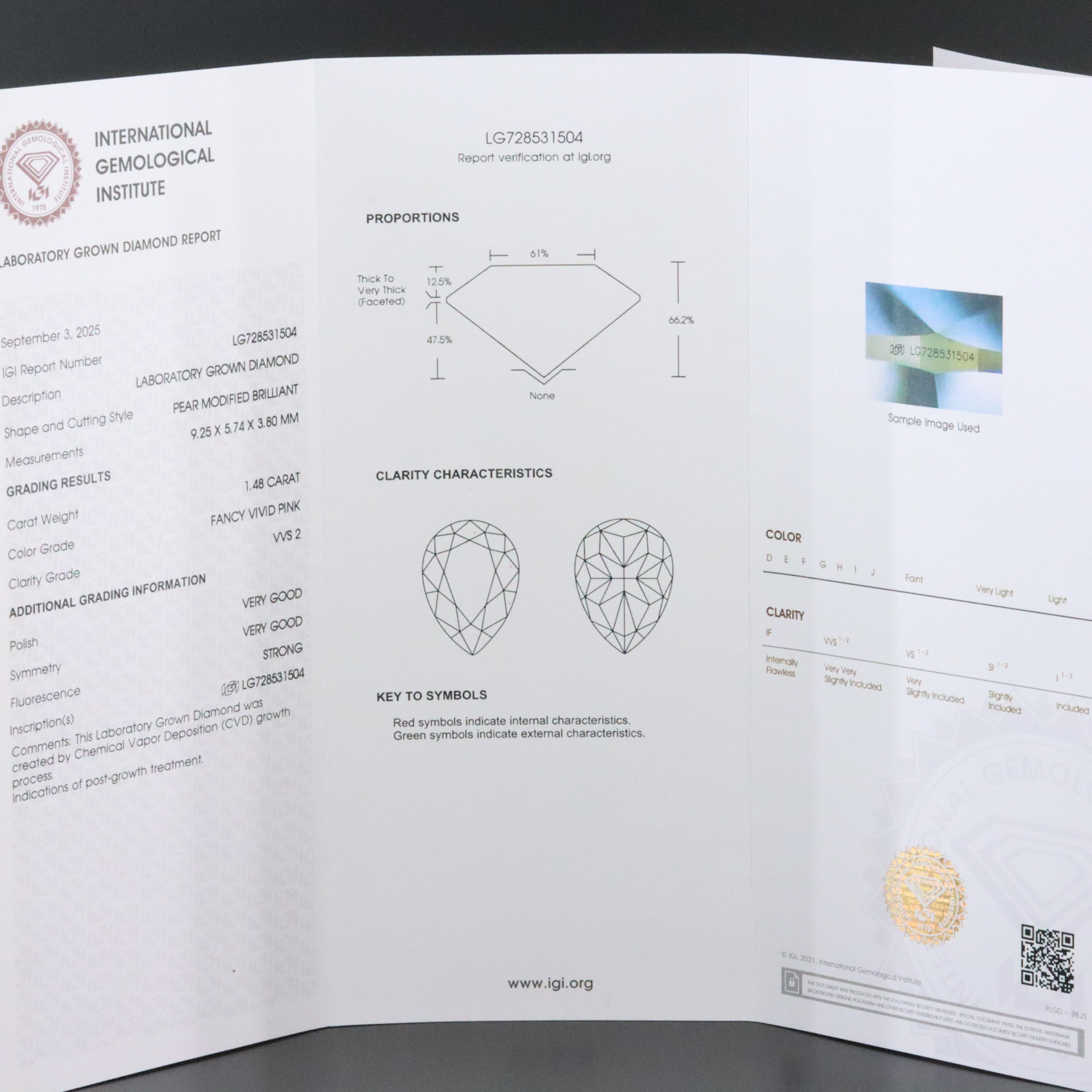 Loose 1.48 CT Lab Grown Fancy Pink Diamond with IGI Report