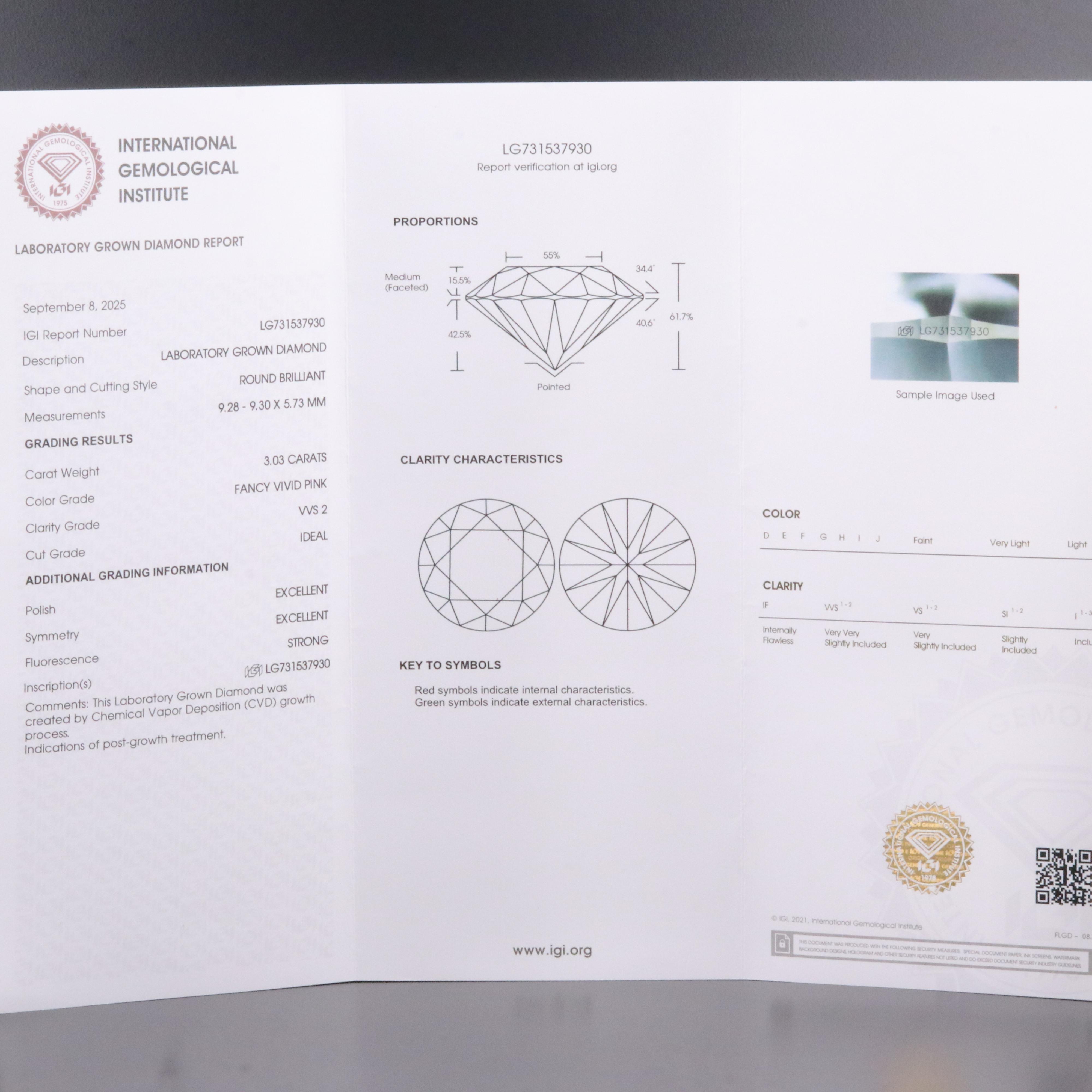 Loose 3.03 CT Lab Grown Fancy Pink Diamond with IGI Report