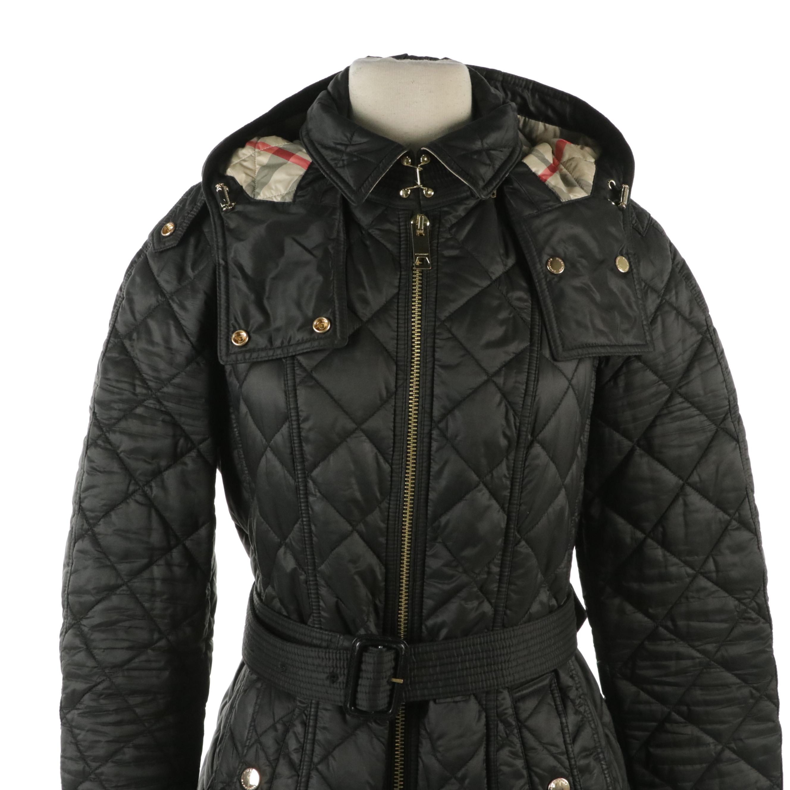 Burberry Lightweight Puffer Belted Jacket Coat with Detachable Hood